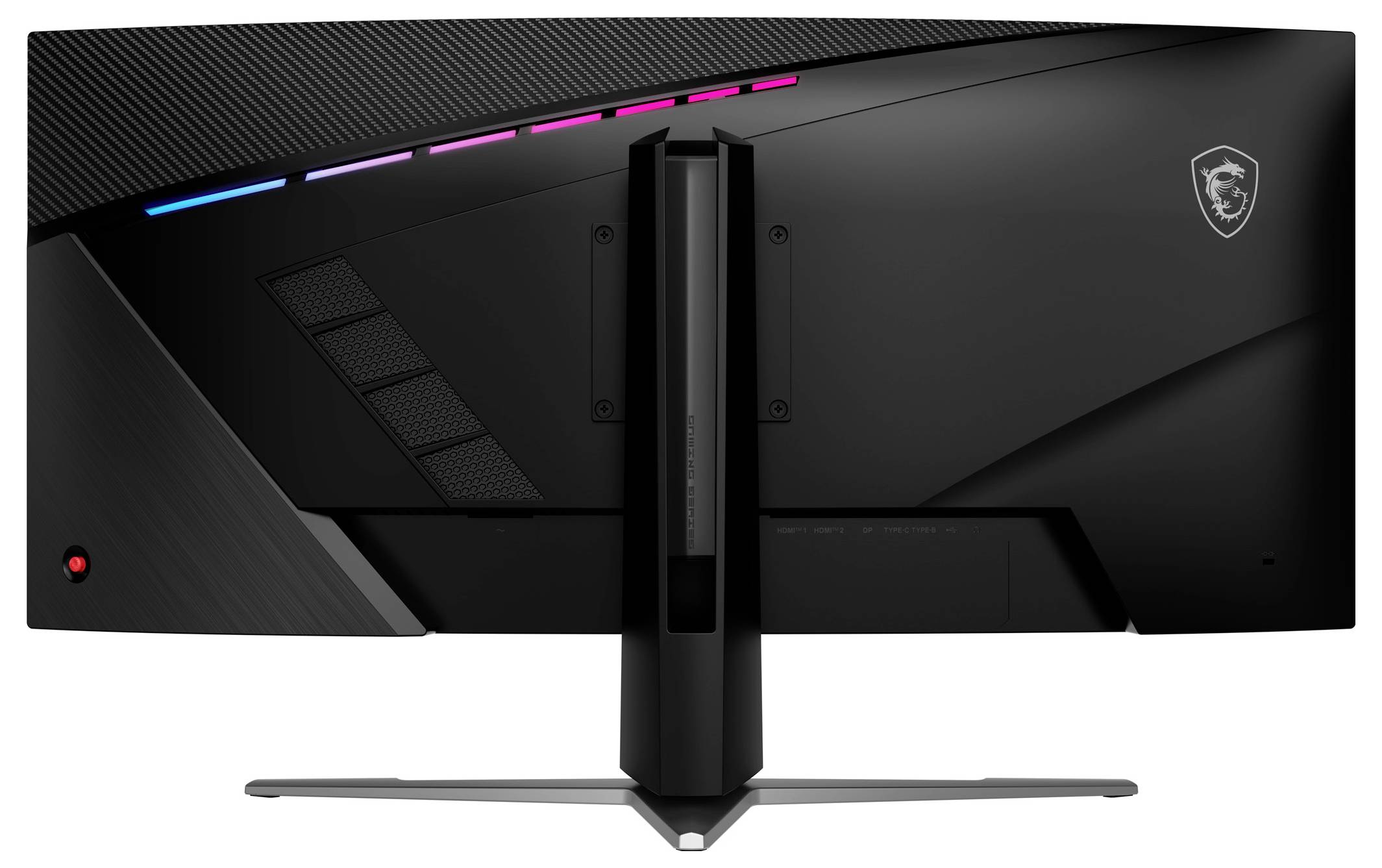 Zadní pohled na velký zakřivený herní monitor s LED světly a stojánem.