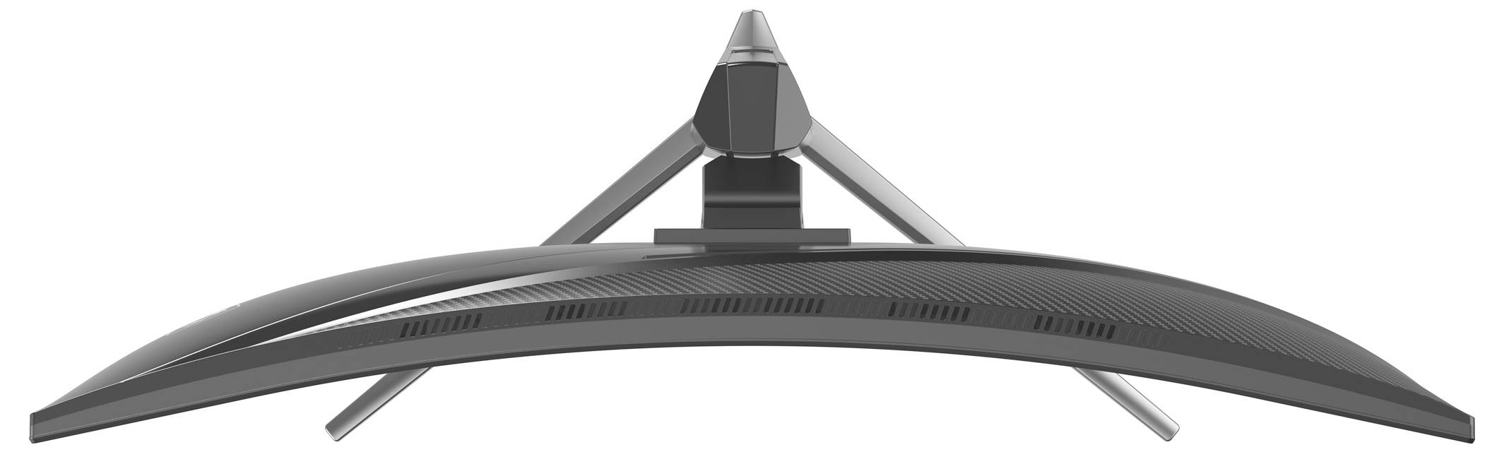 Zakřivený počítačový monitor viděný shora, který vykazuje elegantní, moderní design a hladkou křivku.