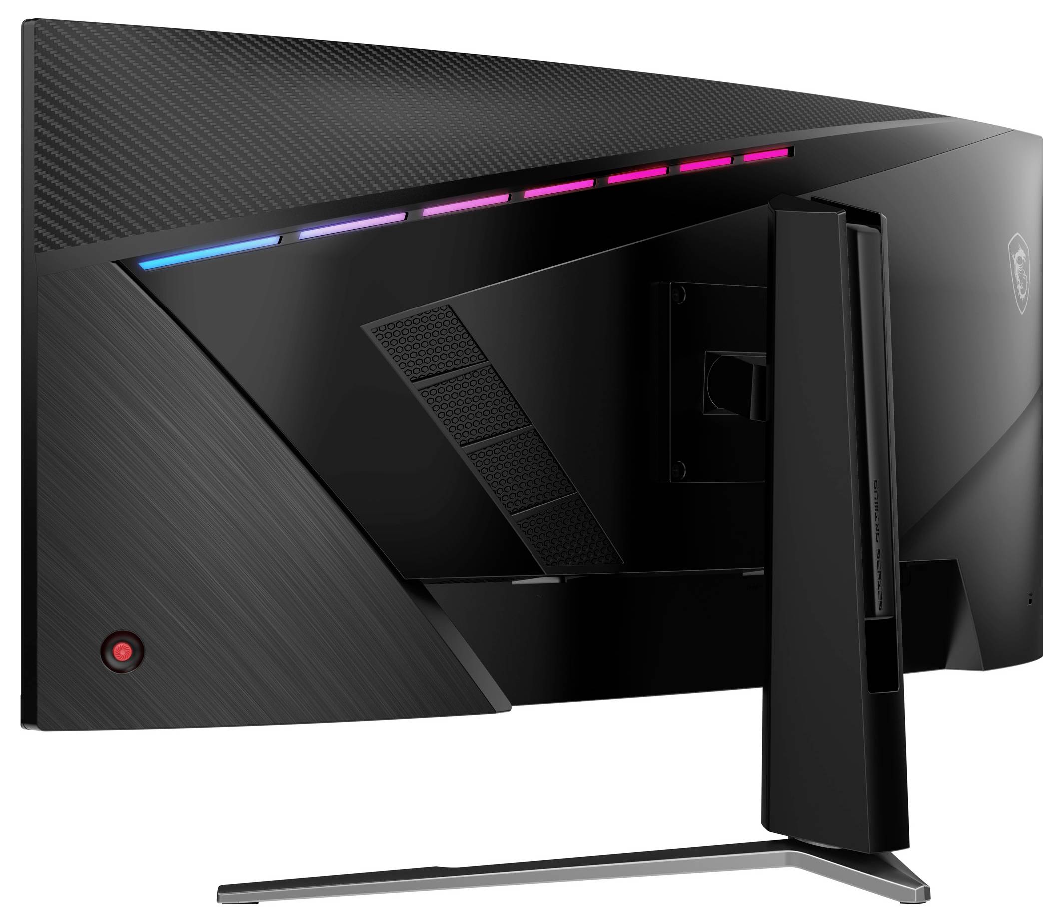 'Elegantní černý herní monitor z pohledu zezadu, předvádějící LED osvětlení podél horní hrany a stabilní stojan, zdůrazňující jeho moderní design.'