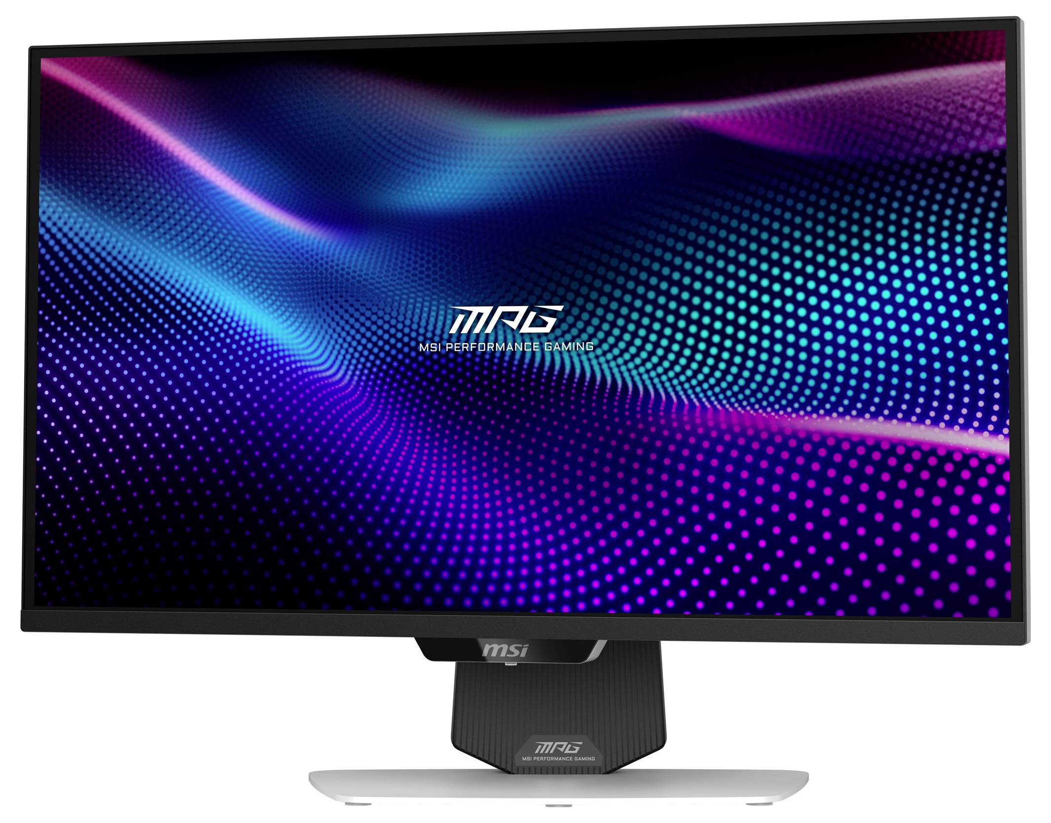 Širokouhlý monitor zobrazující živý digitální vzor modrých a fialových vln s tečkami. Na obrazovce je viditelné logo "MAG".