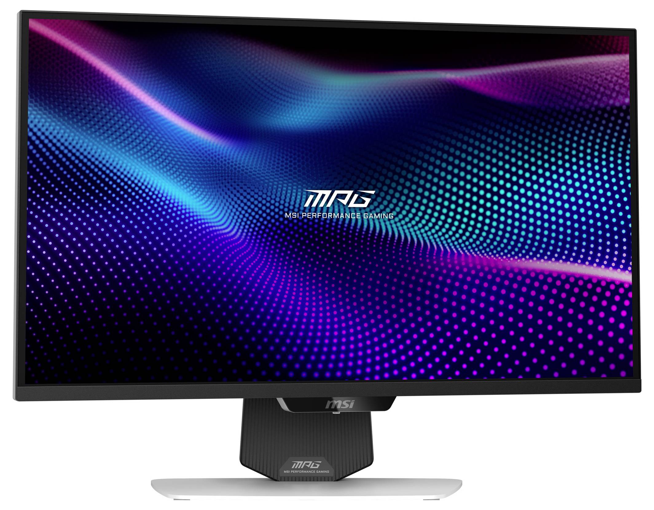 Vysoce výkonný monitor MSI zobrazující na obrazovce živý digitální vzor modrých a růžových vln.