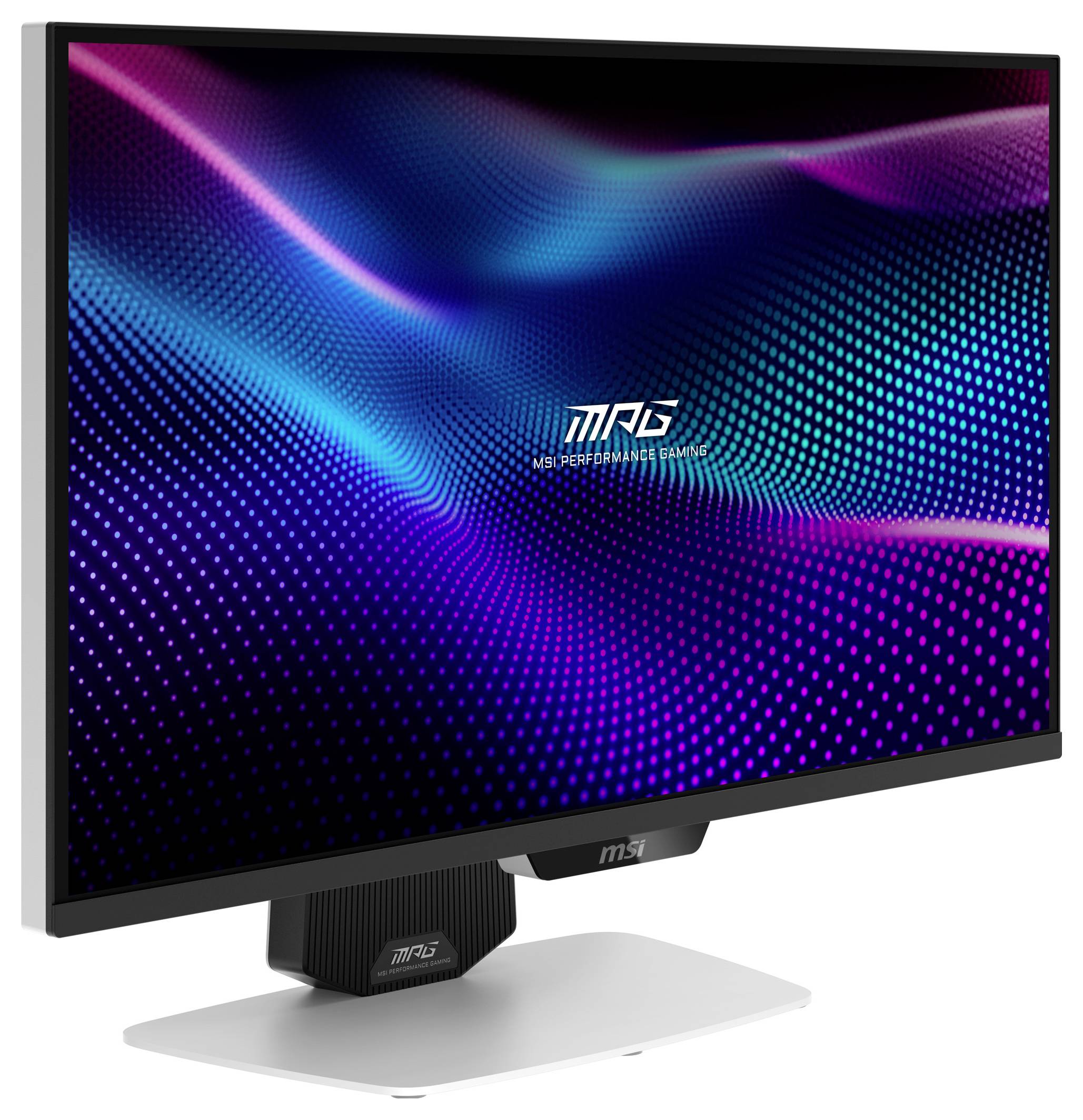 Monitor "MSI MPG" se vyznačuje moderním designem s elegantním rámečkem. Displej zobrazuje barevný vlnový vzor fialových a modrých teček.