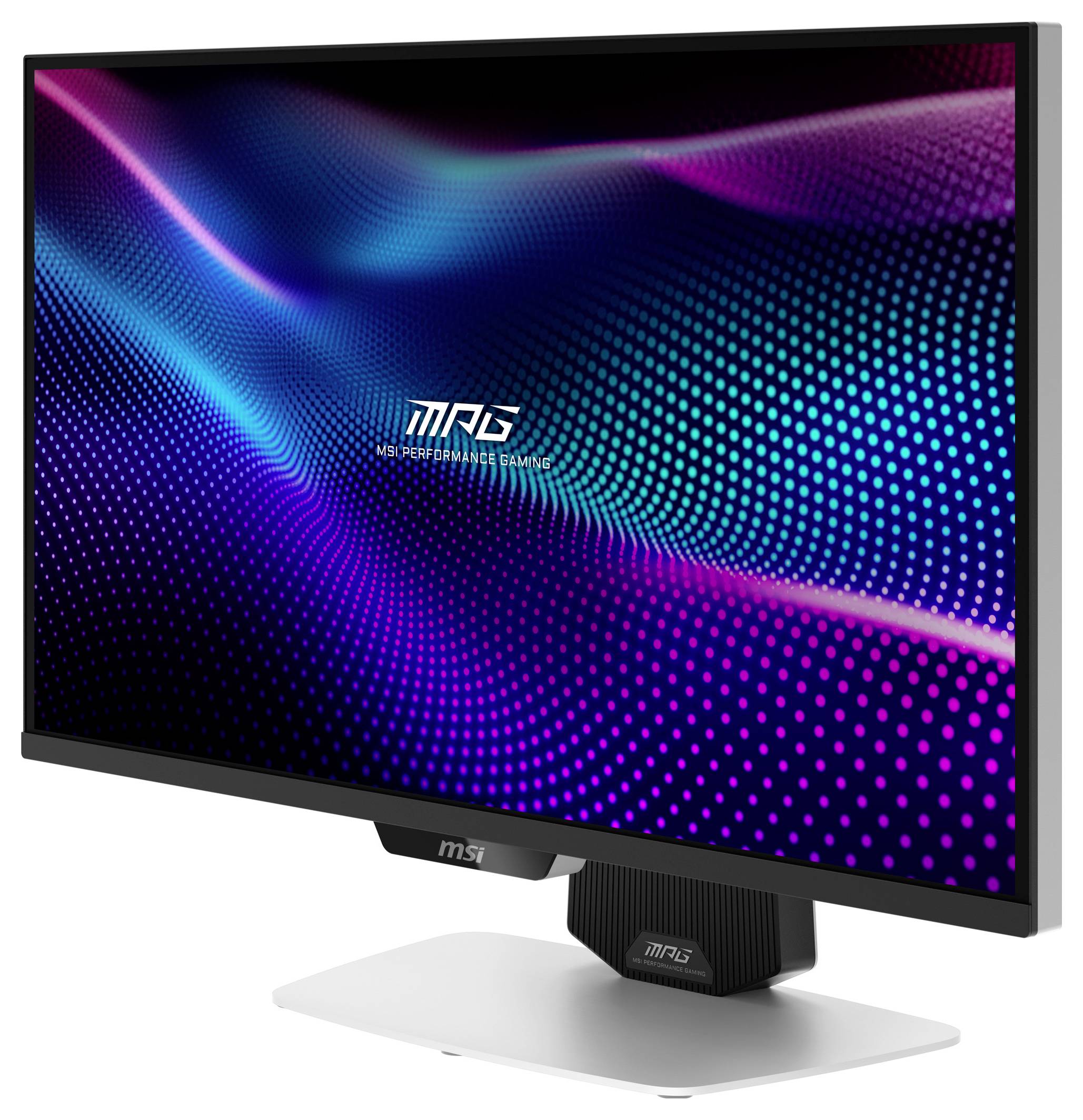 Monitor počítače zobrazuje živou grafiku s modrými a růžovými vlnami. Text "MPG" je viditelný a naznačuje zaměření na grafické schopnosti.