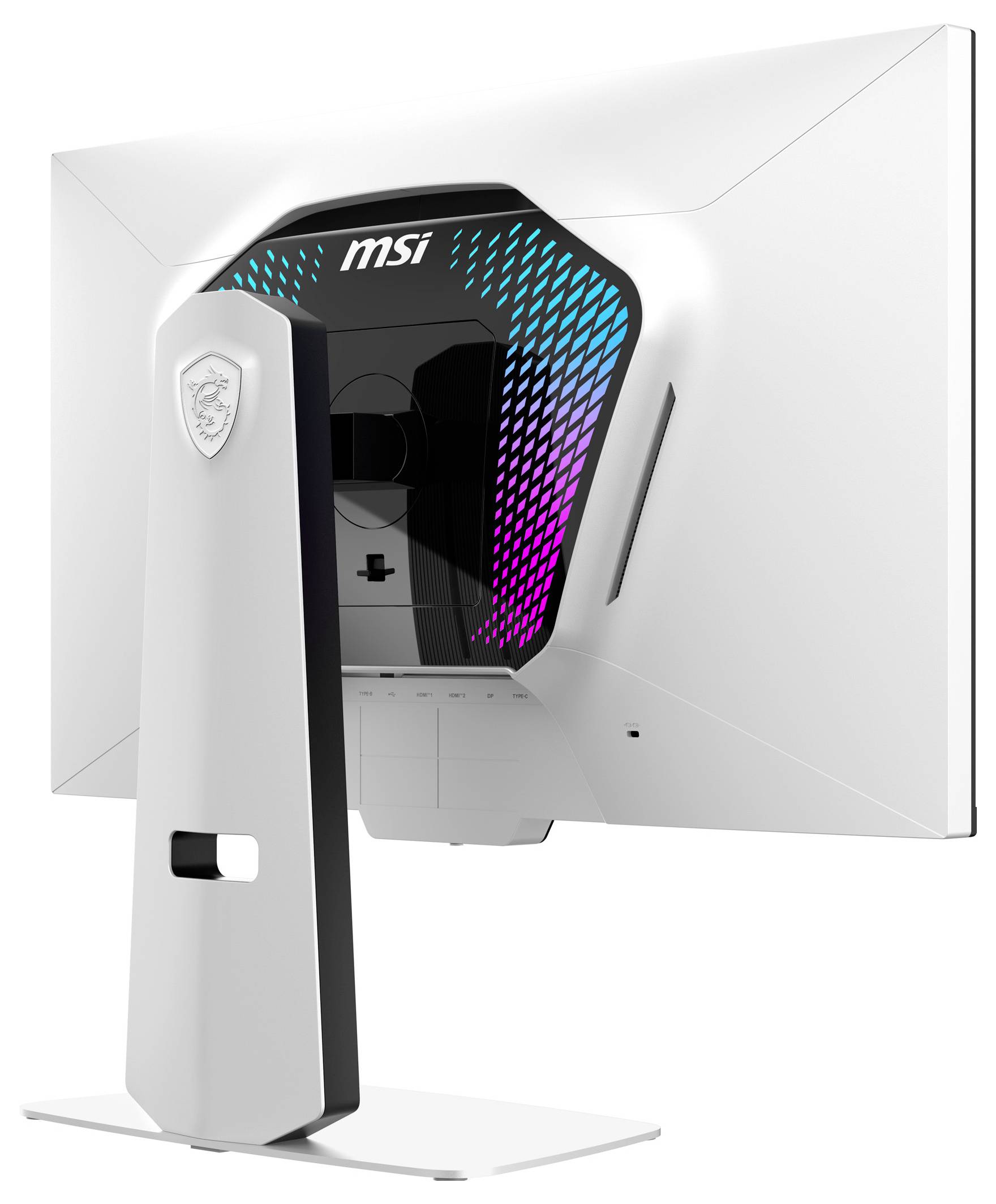 Bílý počítačový monitor s logem "MSI" na zadní straně, s elegantním designem a barevnými LED osvětlením.