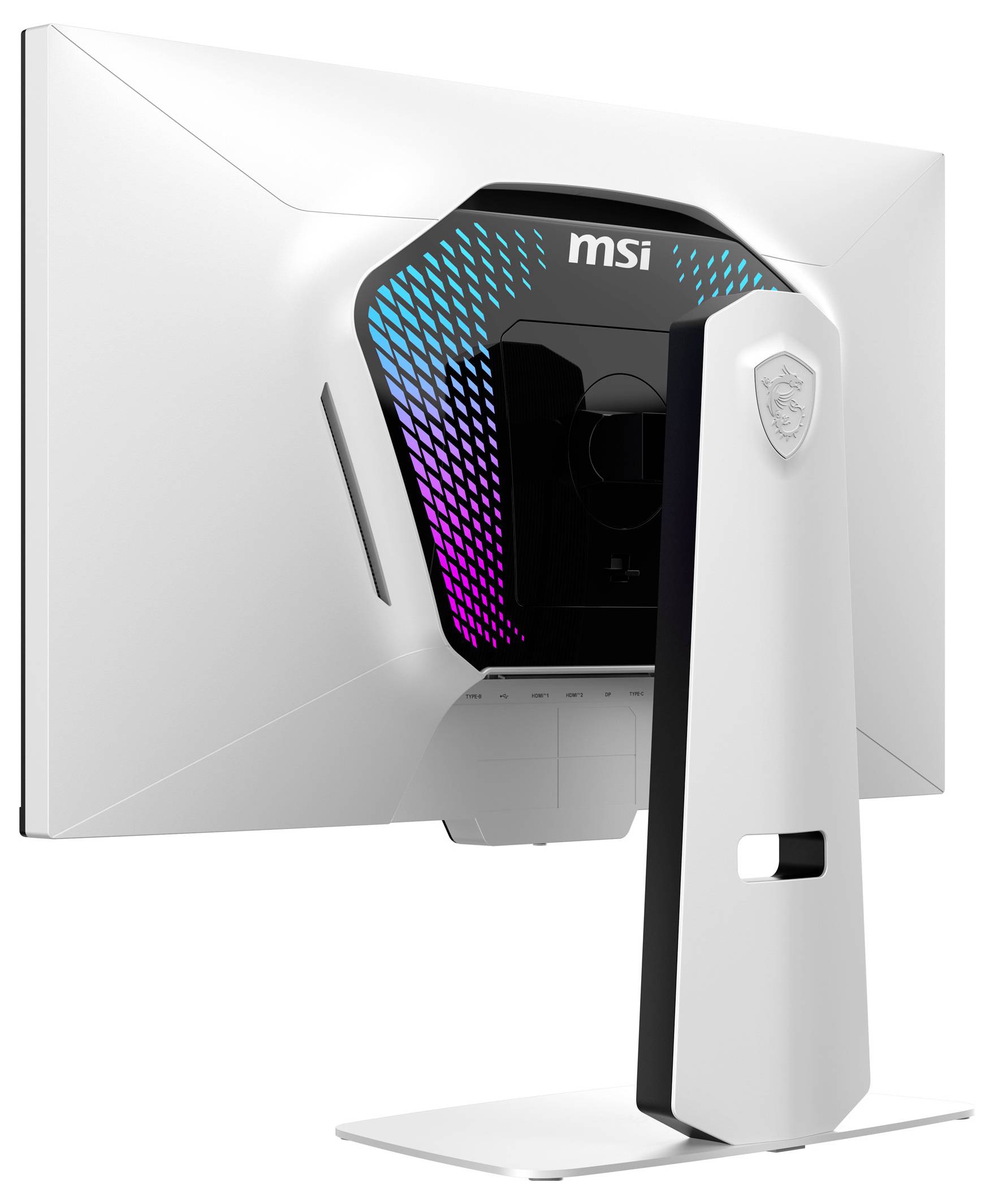 Bílý monitor zobrazený zezadu, se elegantním designem se stojánkem, ventilačním panelem a viditelným RGB osvětlovacím páskem.
