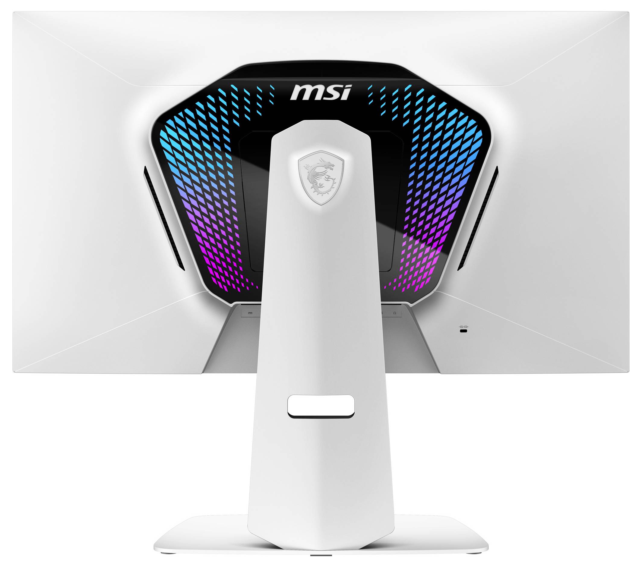 Bílý herní monitor MSI pohledaný zezadu, vybavený vícebarevnými LED světly a stojanem s logem MSI.