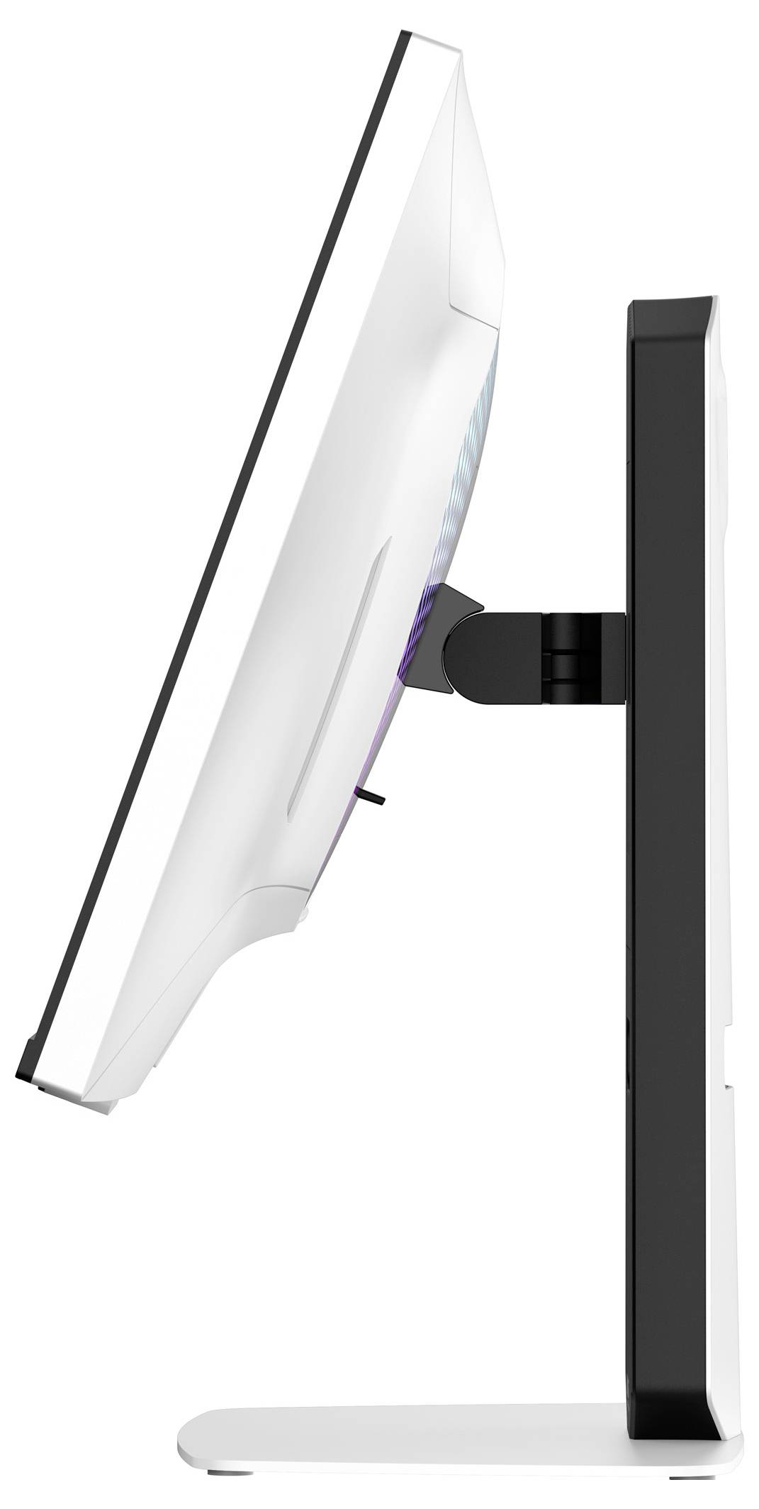 Boční pohled na moderní počítačový monitor na černém stojanu, který ukazuje jeho štíhlý design a funkci nastavitelného sklonu.