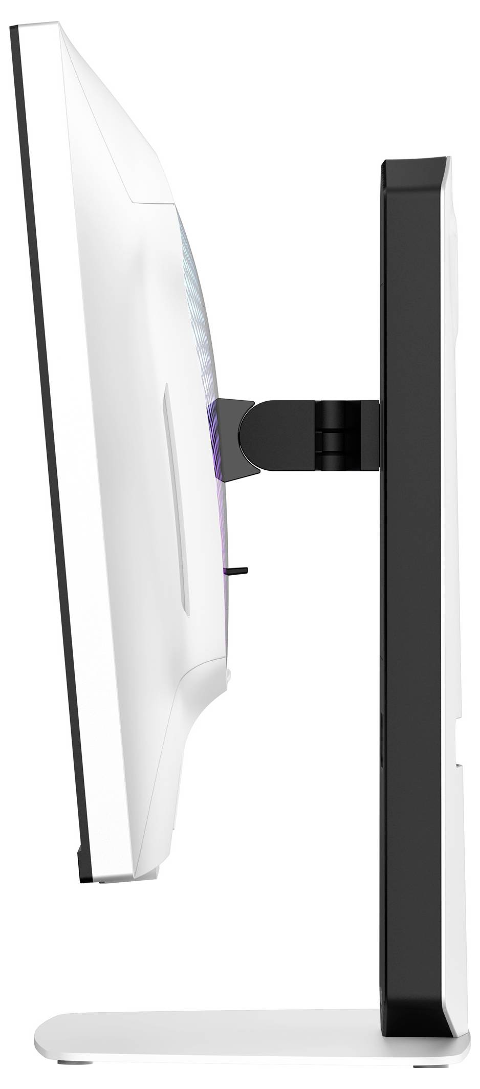 Boční pohled na tenký počítačový monitor na podstavci, který vykazuje jeho elegantní design a minimální profil.