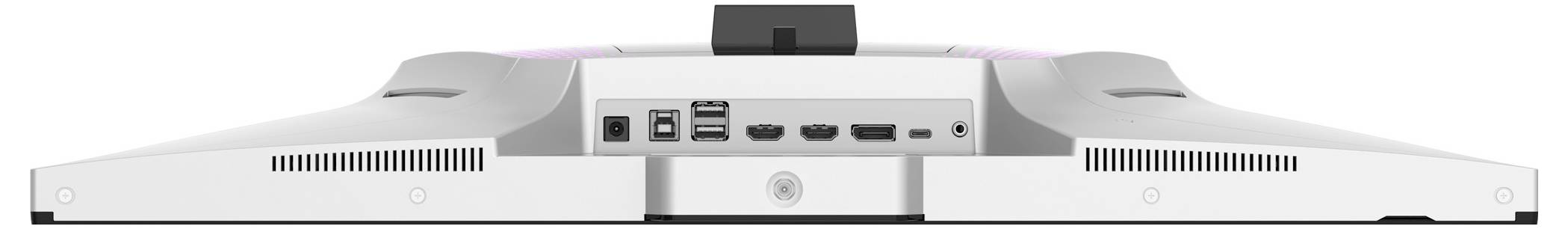 Zadní pohled na počítačový monitor zobrazující různé porty včetně HDMI, USB a audio, na bílém pozadí.