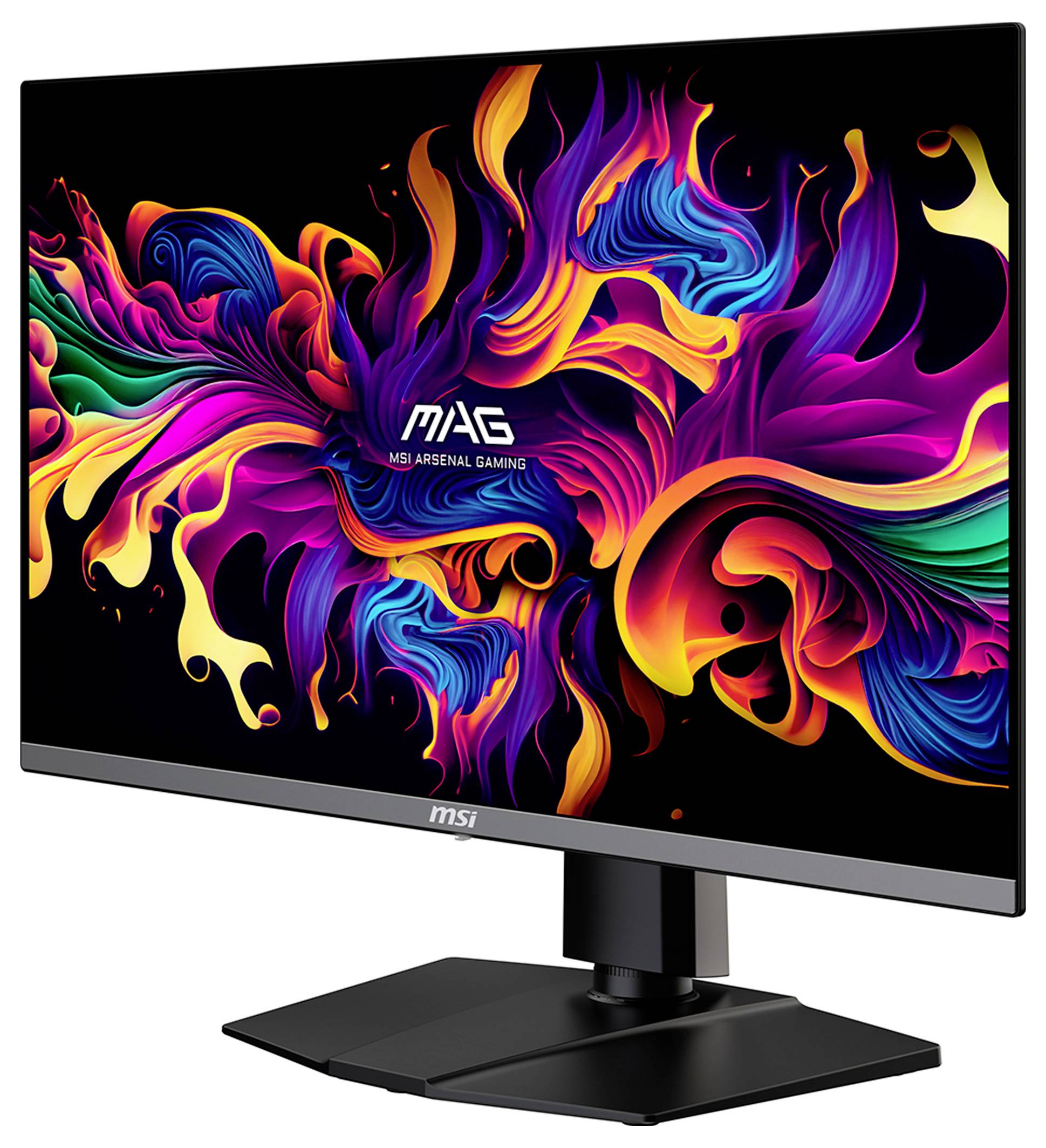 MSI MAG herní monitor zobrazující vibrantní, abstraktní barevné plameny na obrazovce, umístěný na prostém pozadí.