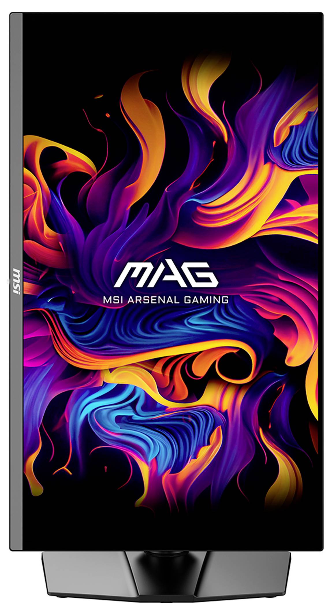 Logo "MSI Arsenal Gaming" na vertikálním počítačovém monitoru s živým, abstraktním, barevným pozadím v purpurové, červené, oranžové a modré barvě.
