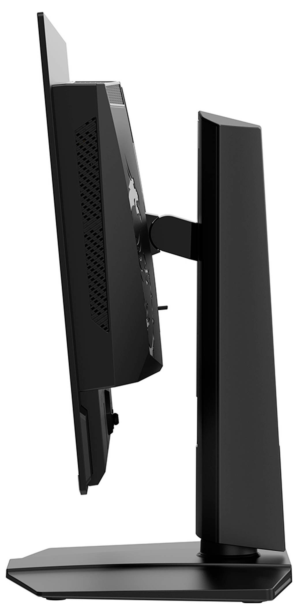 Boční pohled na černý počítačový monitor zobrazující jeho nastavitelný stojan, prezentující jeho štíhlý design a moderní vzhled.