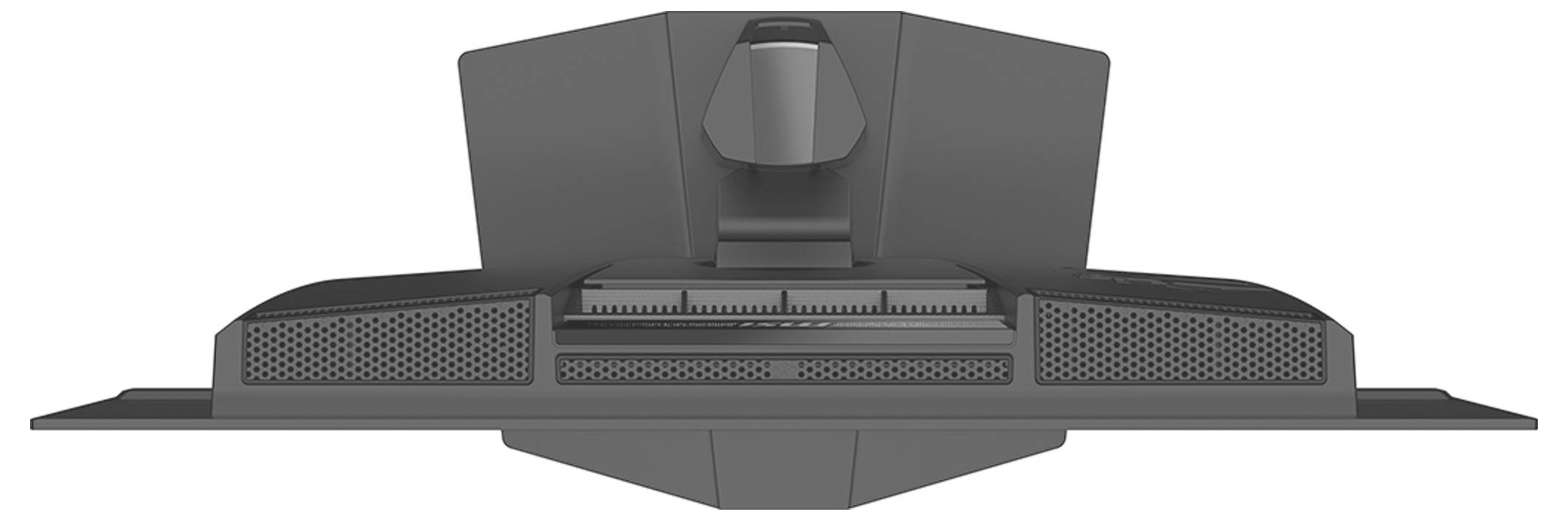 Obrázek ukazuje zadní pohled na počítačový monitor s charakteristickým úhlovitým designem a viditelnými ventilačními mřížkami.