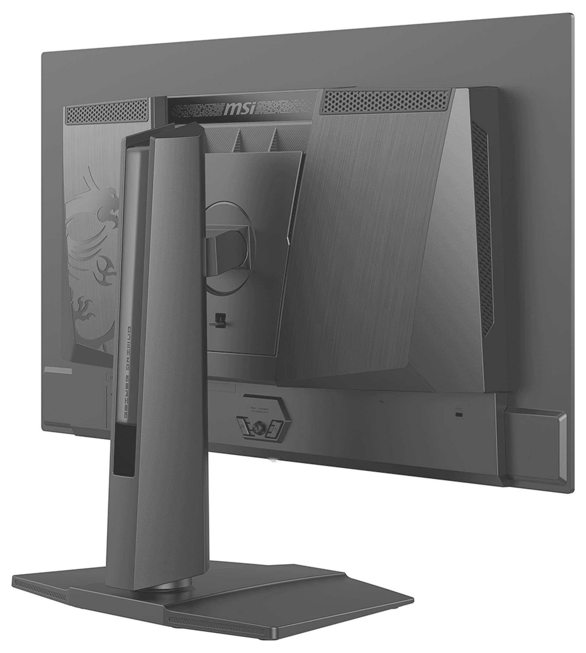 Šedý počítačový monitor pohledaný ze zadu, předvádějící jeho podstavec a porty s viditelnými značkami značky a jemnými designovými vzory.