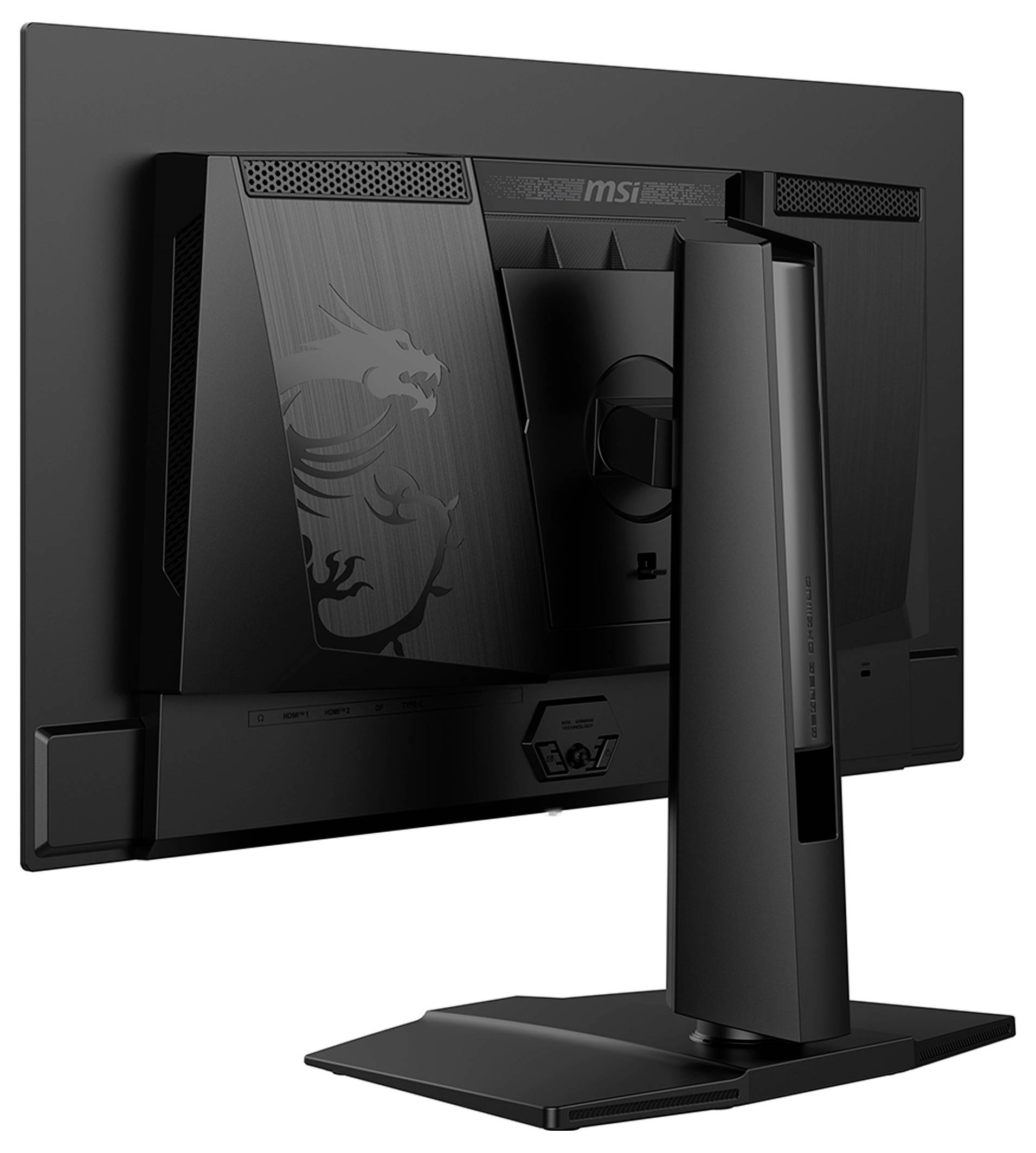 Černý počítačový monitor zobrazený zezadu, s logem draka a nastavitelným stojanem.