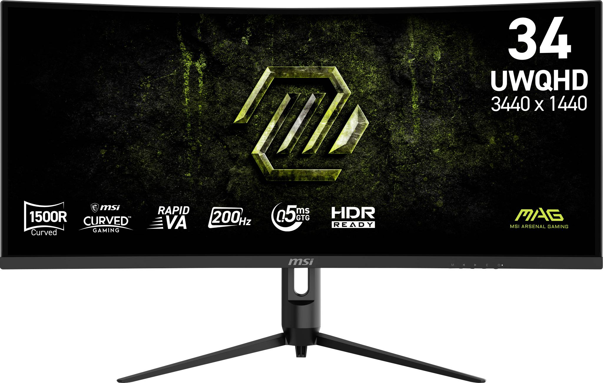 Zakřivený wide-screen monitor s technologicky orientovaným pozadím. Vlastnosti zahrnují 34palcový UWQHD, rozlišení 3440x1440, 200Hz a HDR-ready.