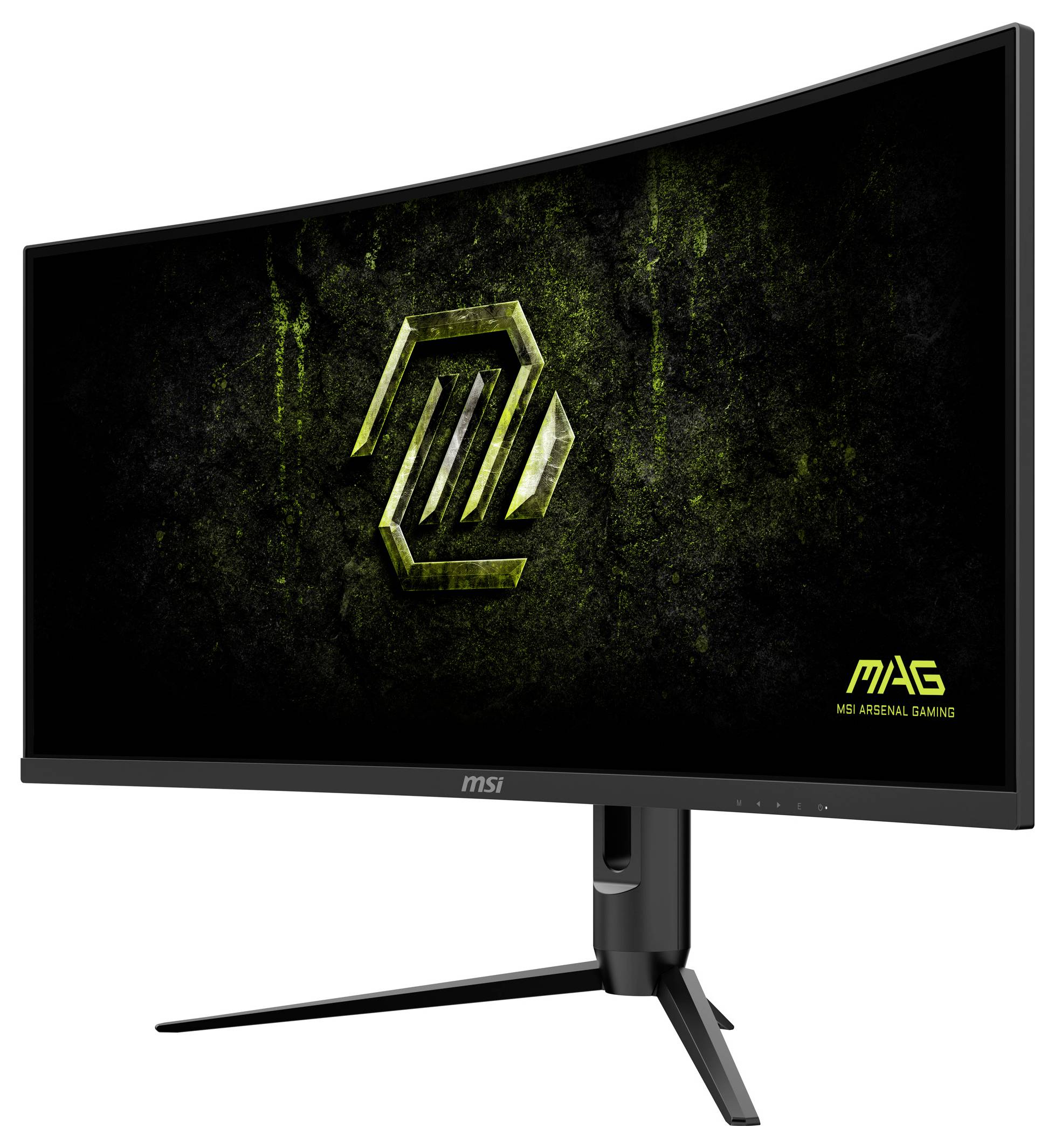 Zakřivený herní monitor „MSI MAG" s futuristickým zeleným logem na texturovaném tmavém pozadí.