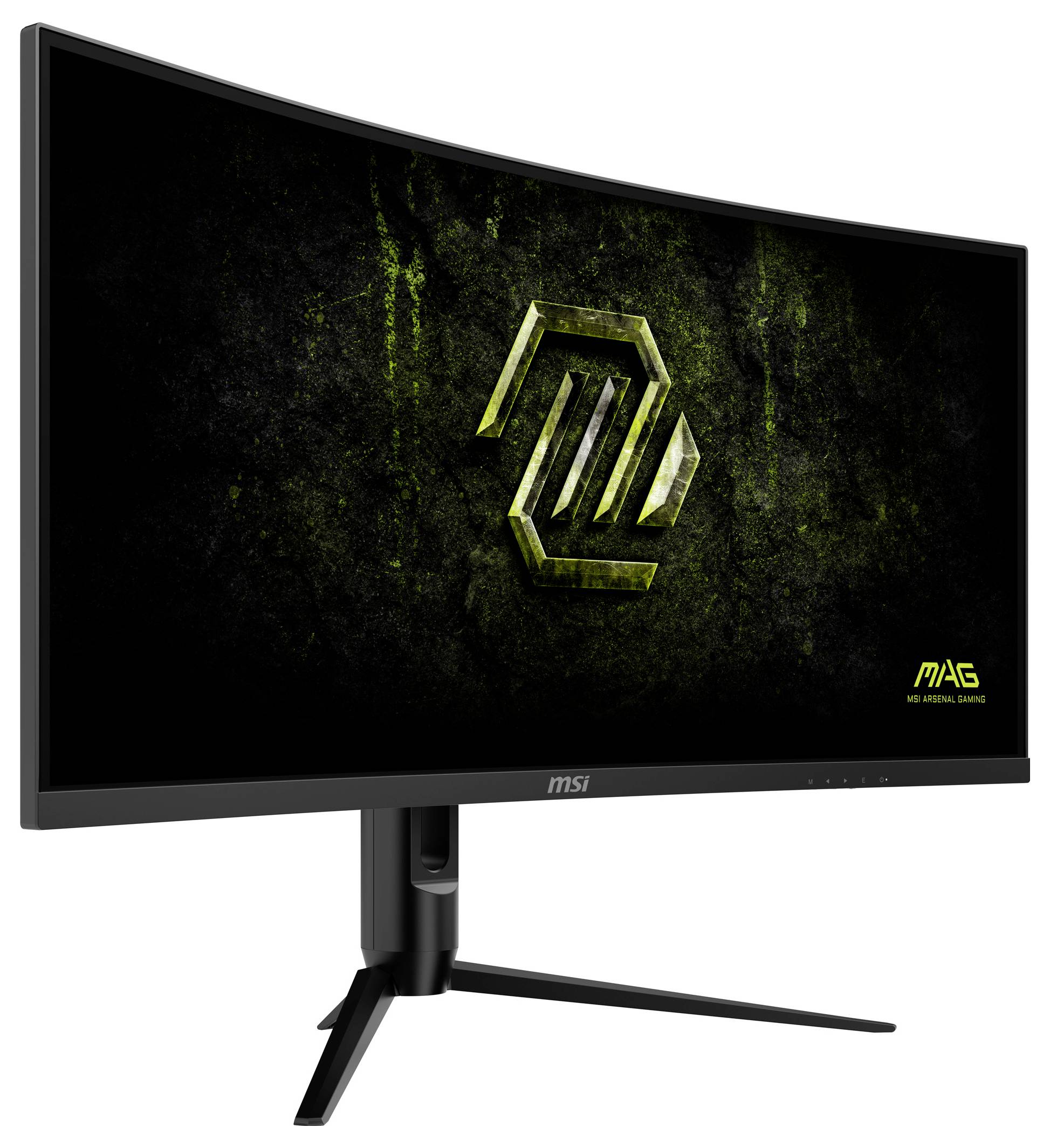 MSI zakřivený monitor se zeleným a černým návrhem obrazovky, se futuristickým symbolem a písmeny „MAG" v pravém dolním rohu.