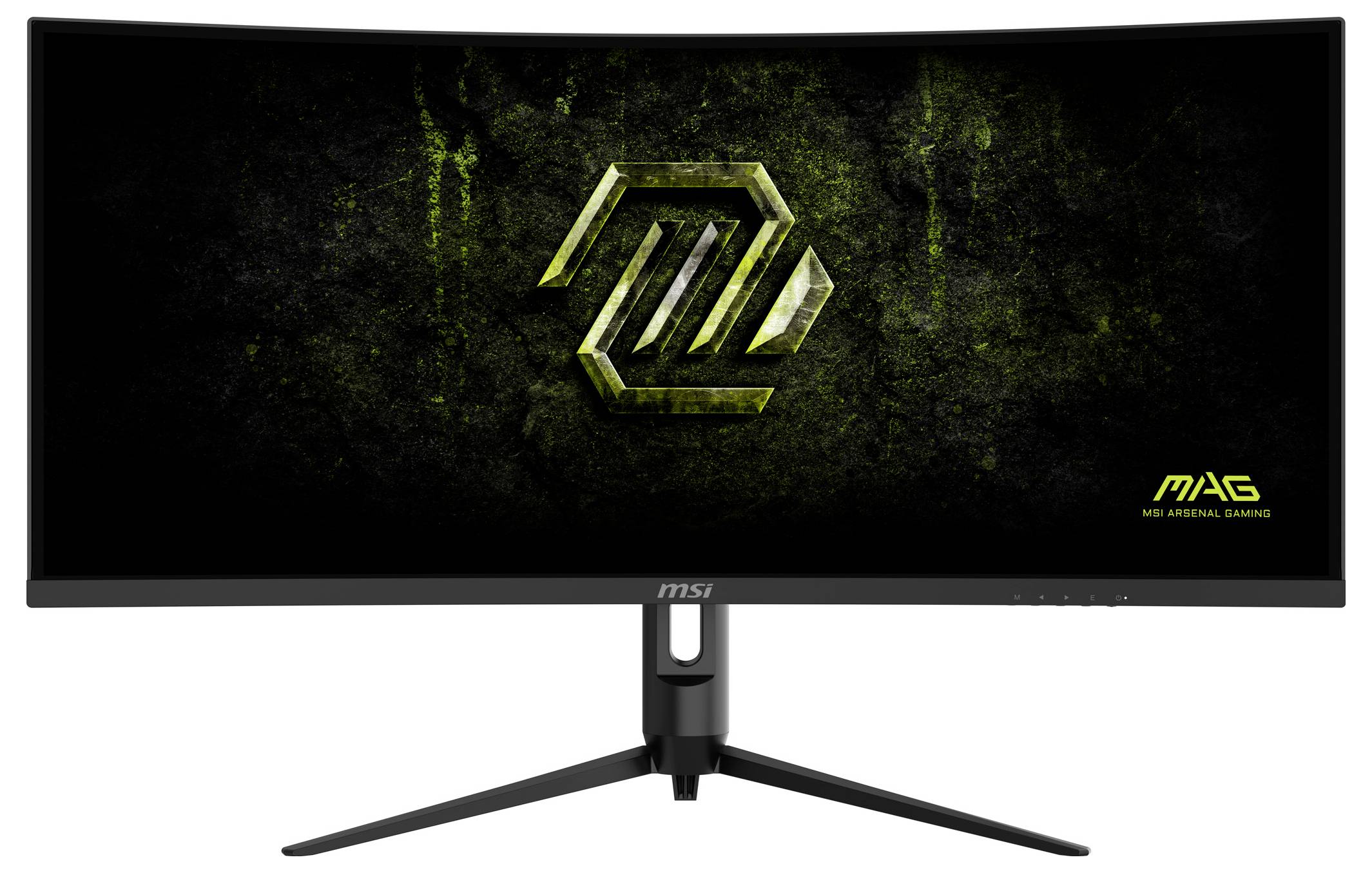 Zakřivený herní monitor MSI zobrazující zelené abstraktní logo na strukturovaném tmavém pozadí se žluto-zelenými detaily.