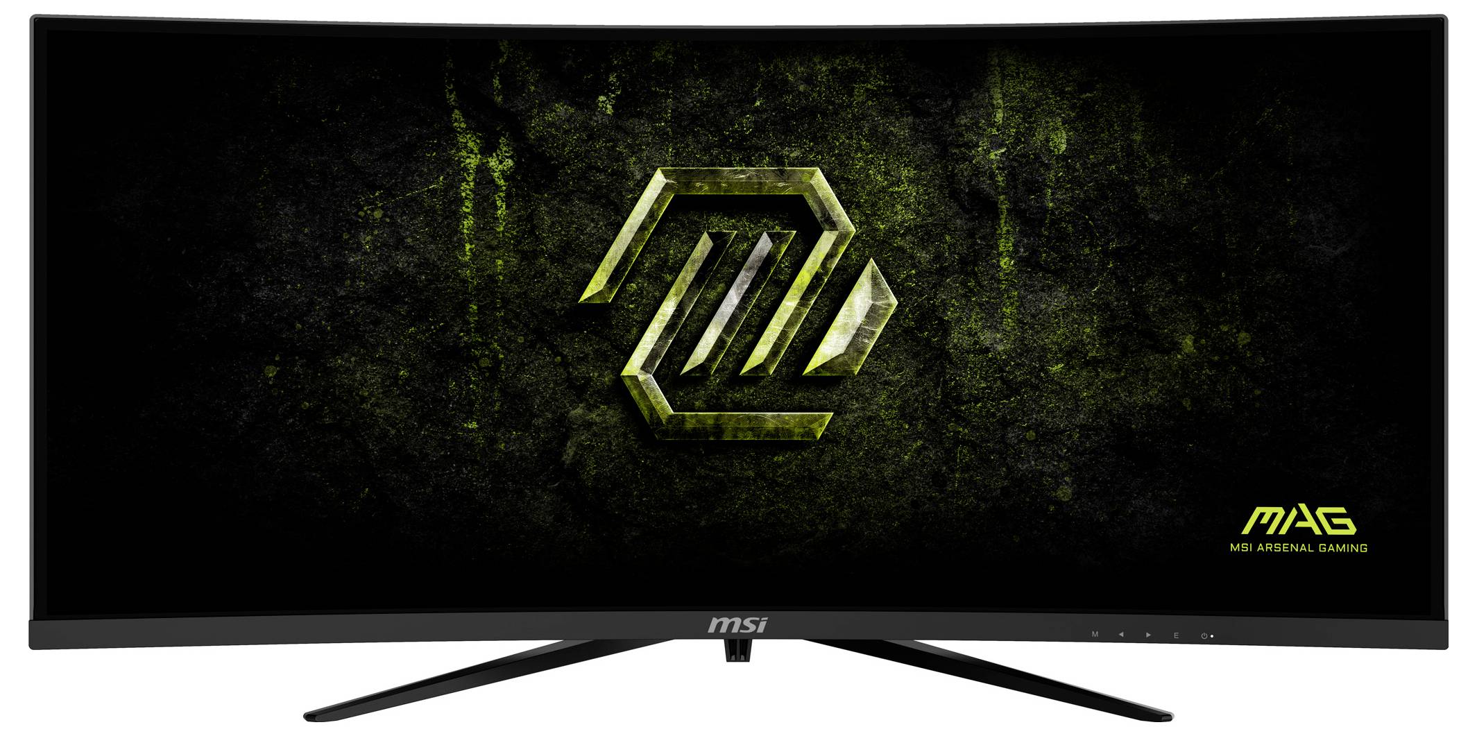 Tmavý monitor MSI s zeleným abstraktním vzorem a logem na displeji, označený "MAG" pro MSI Arsenal Gaming.