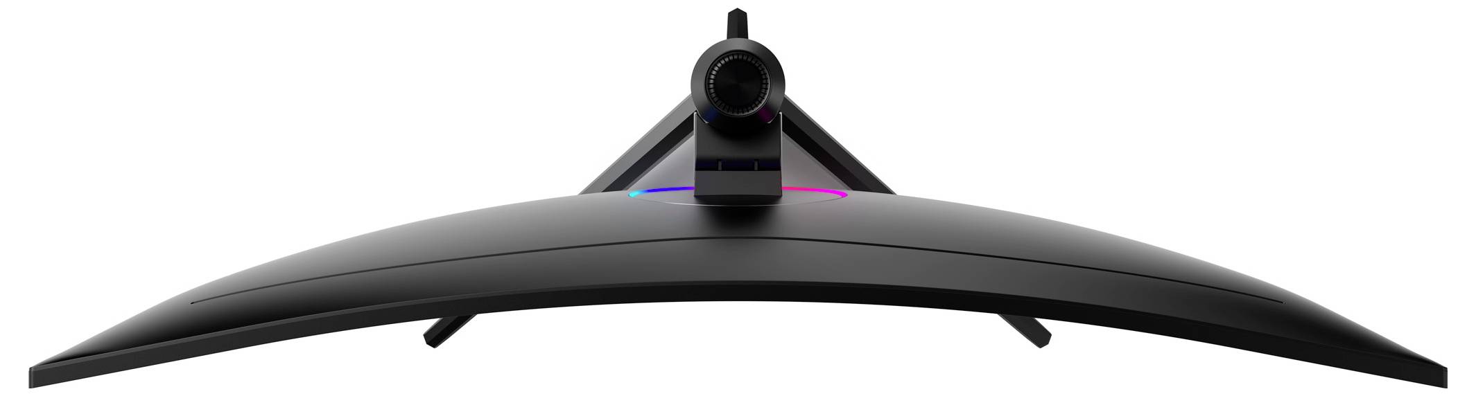Zadní pohled na zakřivený herní monitor se zvýrazněním jeho kamery a elegantního designu.