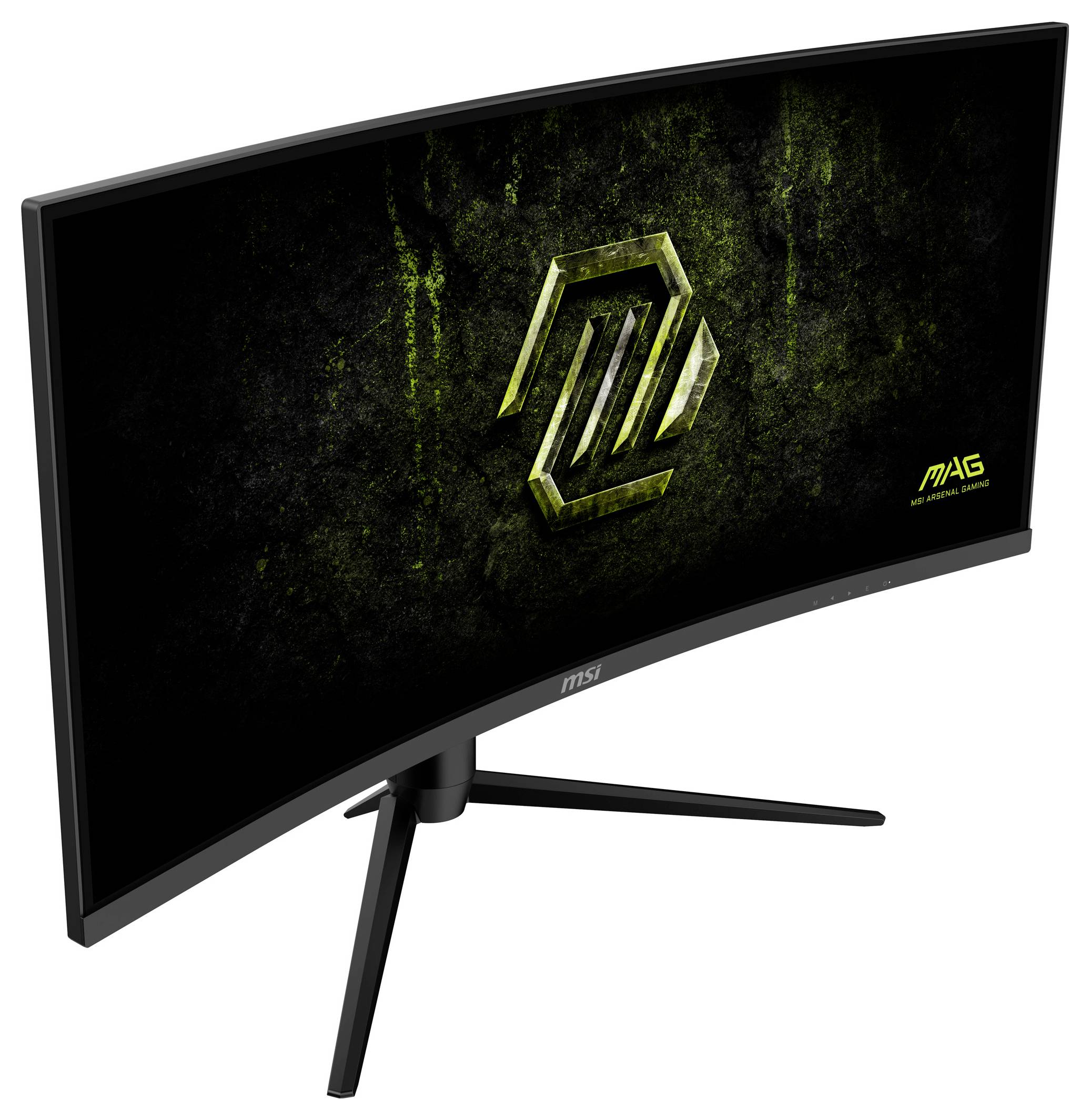Zakřivený herní monitor se stojanem, na obrazovce se zobrazuje zelený abstraktní design.