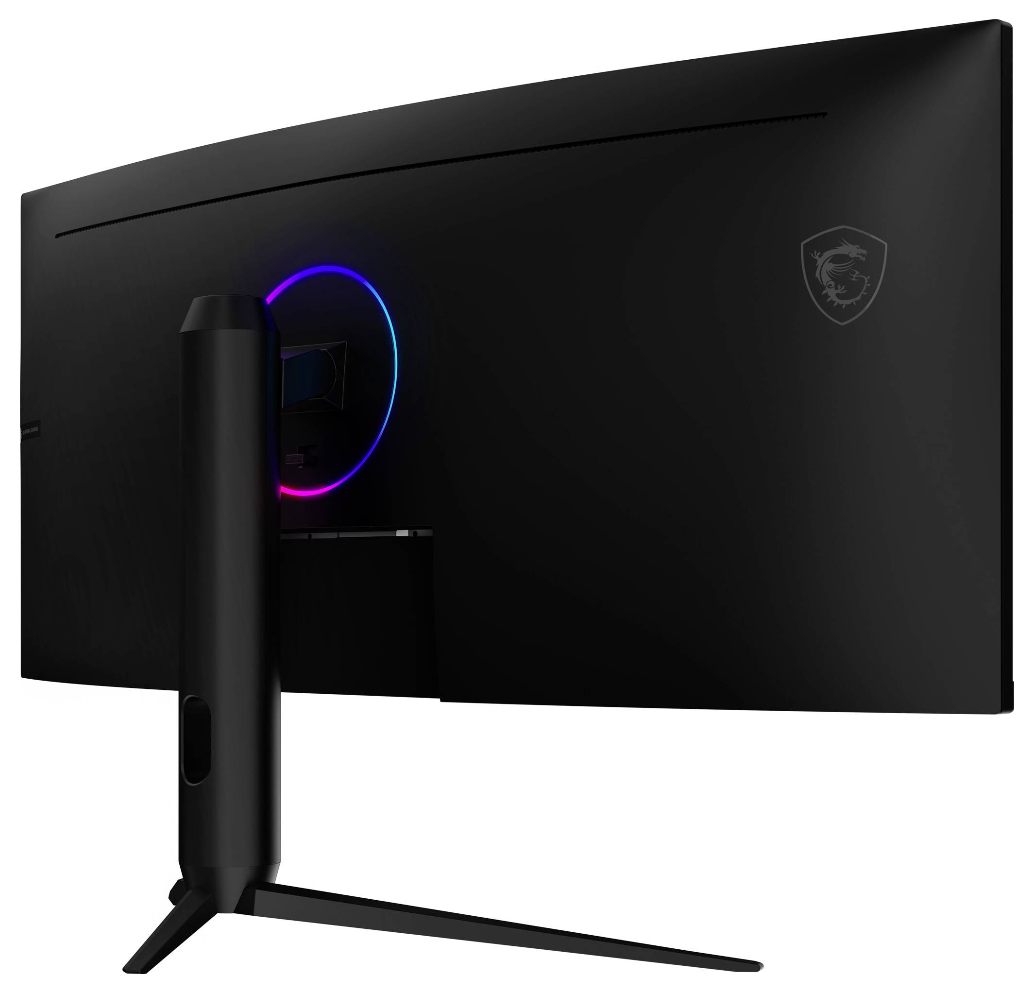Zakřivený, černý herní monitor pohledaný zezadu, s kulatým RGB světlem a nastavitelným stojanem.