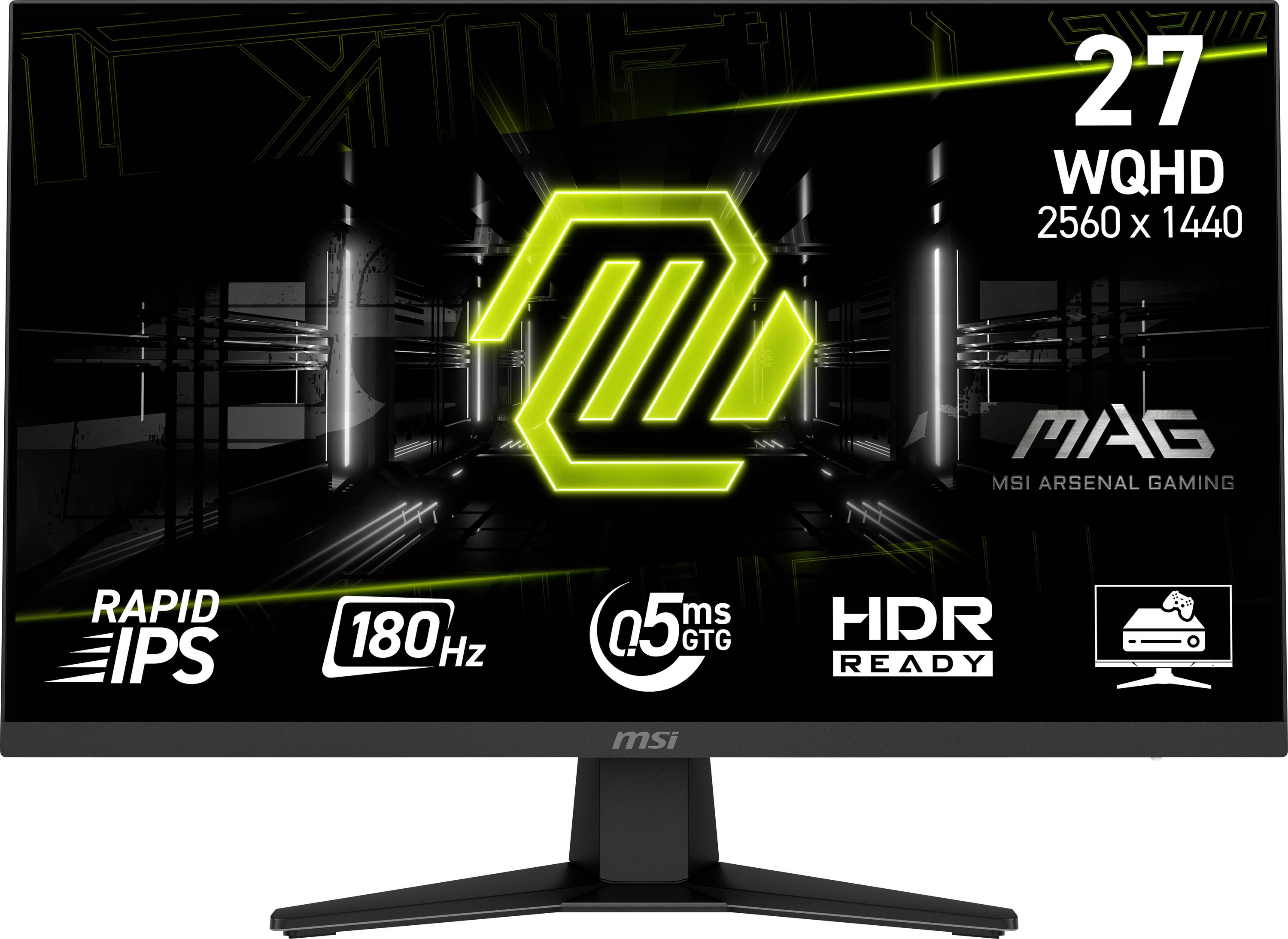 Herní monitor se zobrazením '27 WQHD 2560 x 1440' v prominentní poloze. Mezi funkce patří Rapid IPS, 180Hz, 0.5ms GTG, HDR Ready, značka MSI Arsenal Gaming.