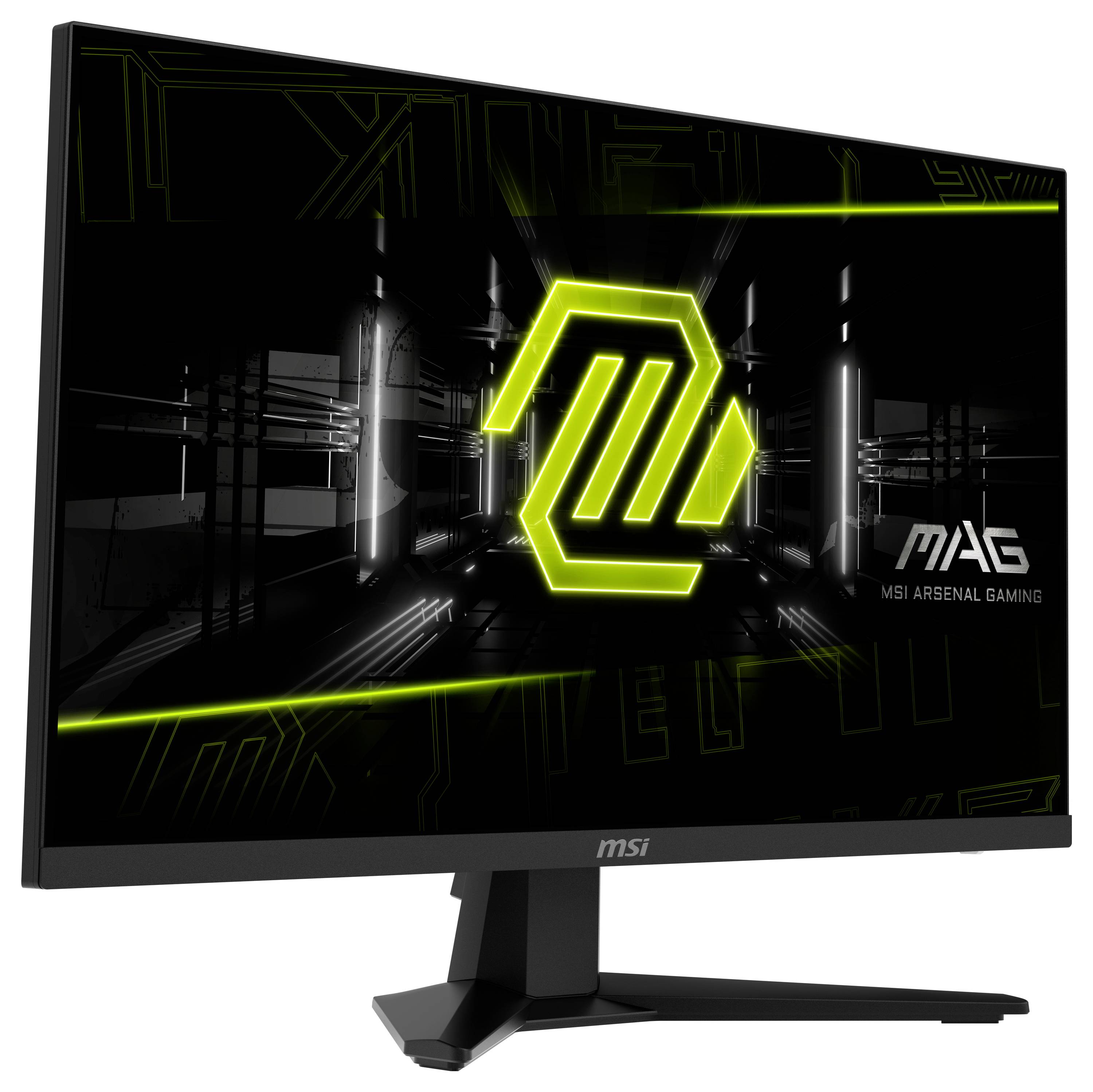 "MSI MAG" branding na herním monitoru zobrazujícím futuristický design s neonovými zelenými prvky.