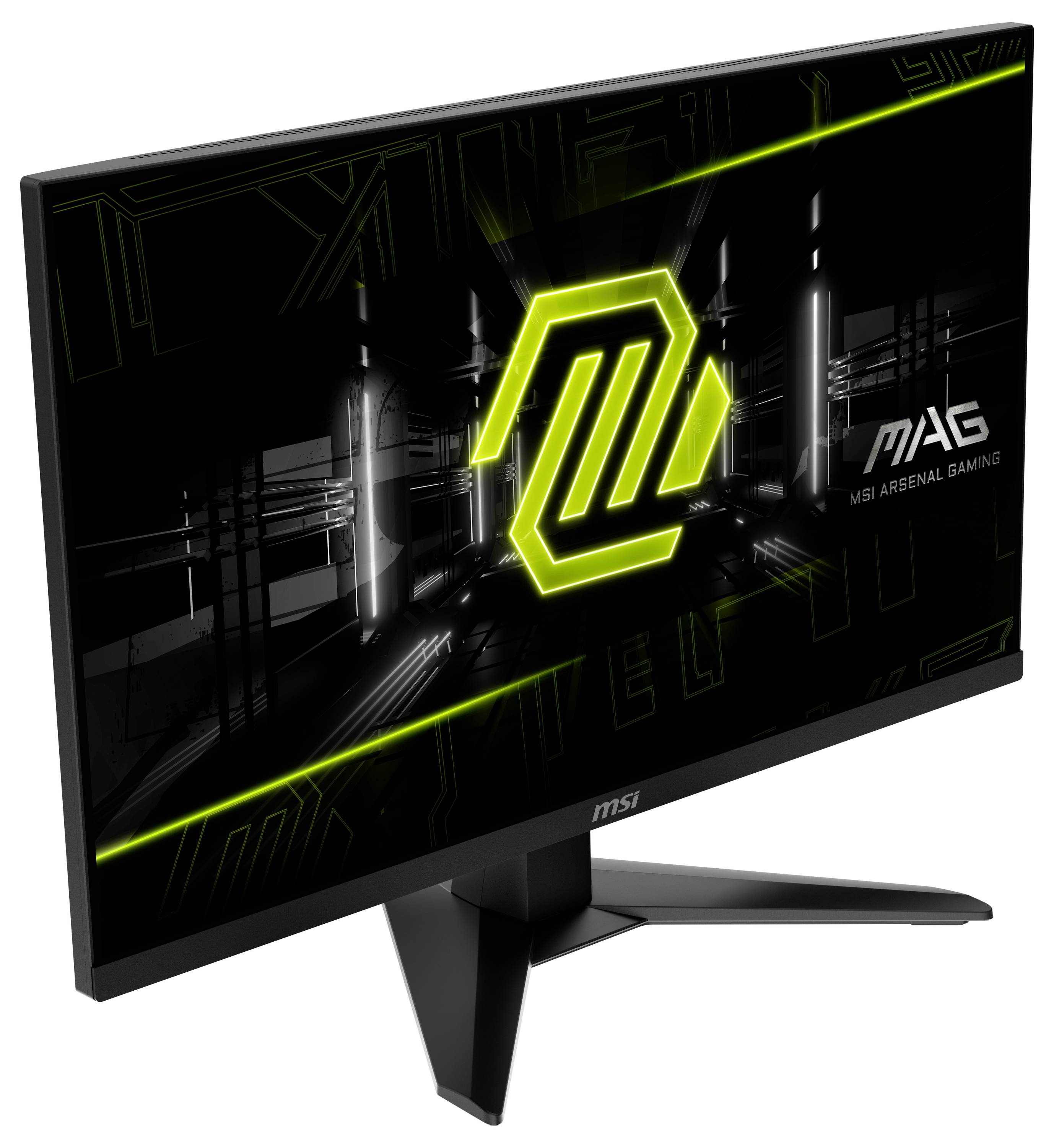 Černý herní monitor se zeleným neonovým logem a textem "MAG MSI ARSENAL GAMING". Obrazovka je lehce nakloněna doleva.