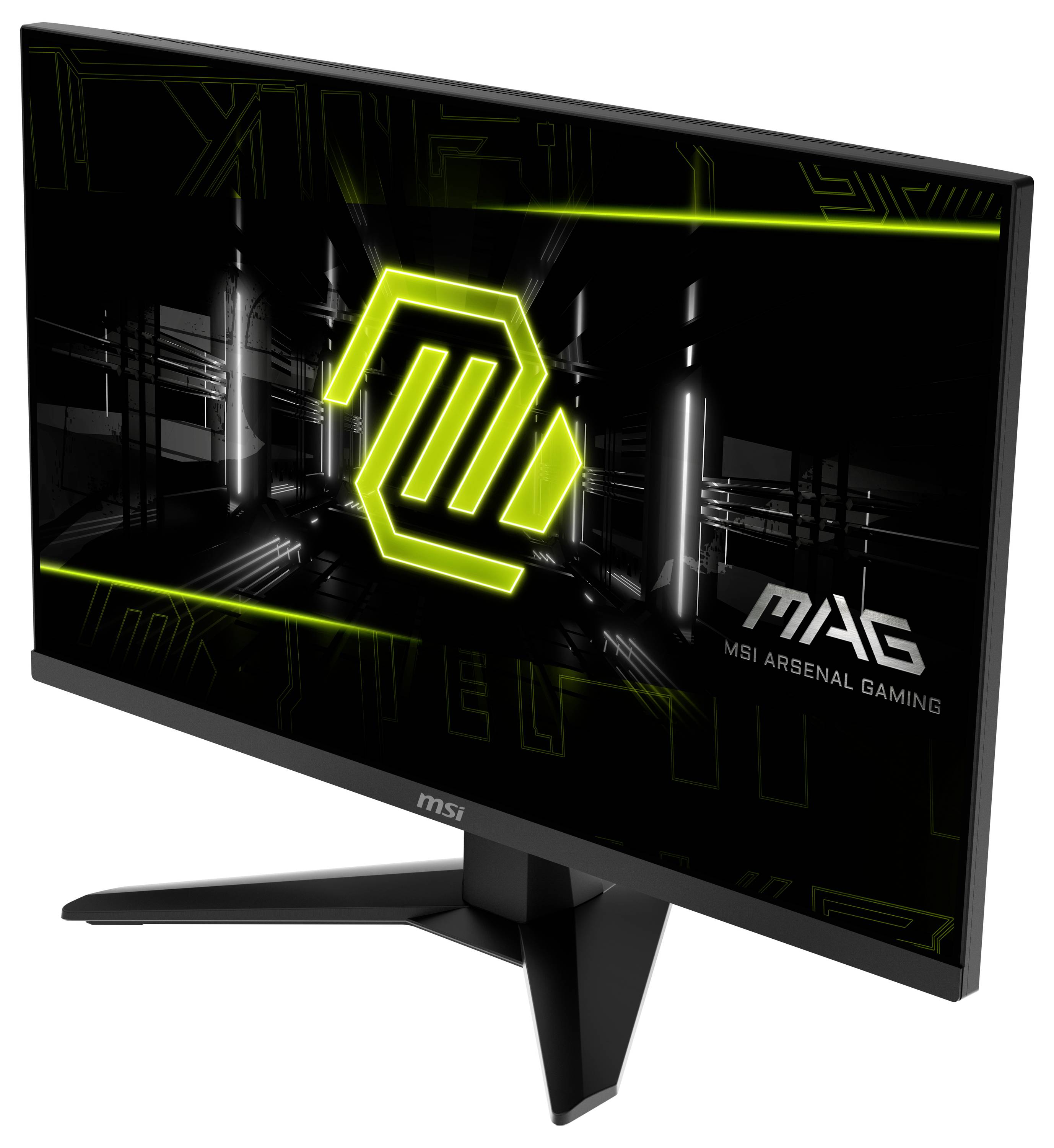 Herní monitor zobrazující logo MSI Arsenal Gaming s futuristickou grafikou. Obrazovka je lehce skloněna doprava na černém stojanu.
