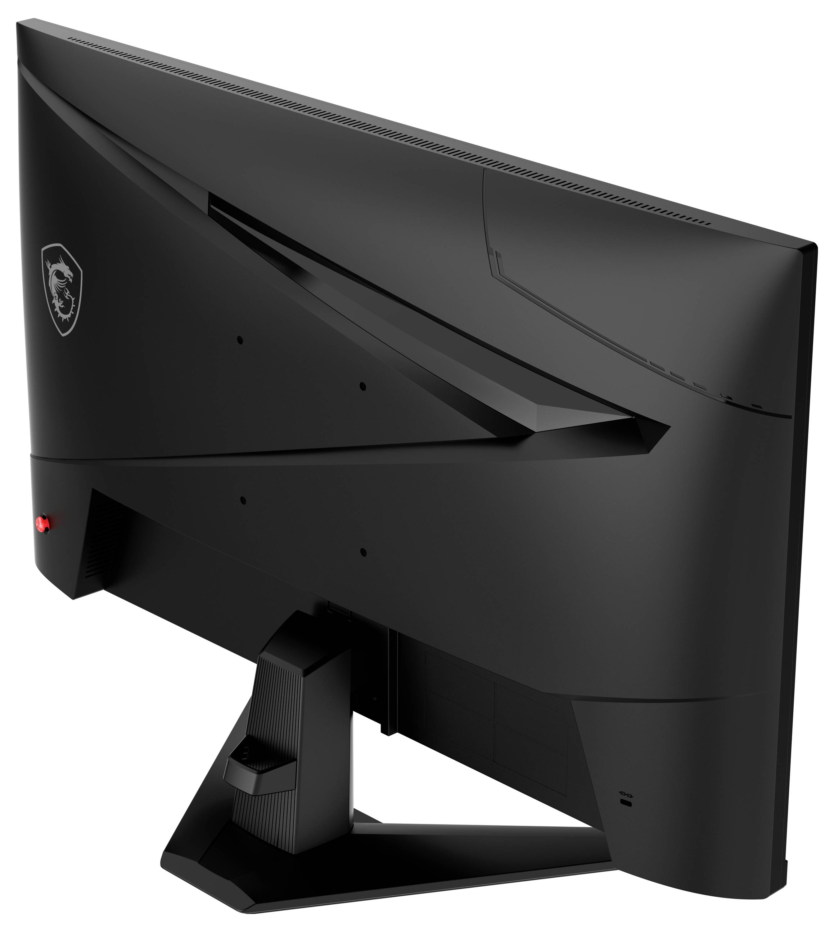 Elegantní černý počítačový monitor pohledaný zezadu, vybavený moderním designem s ostrými úhly a logem značky na straně.