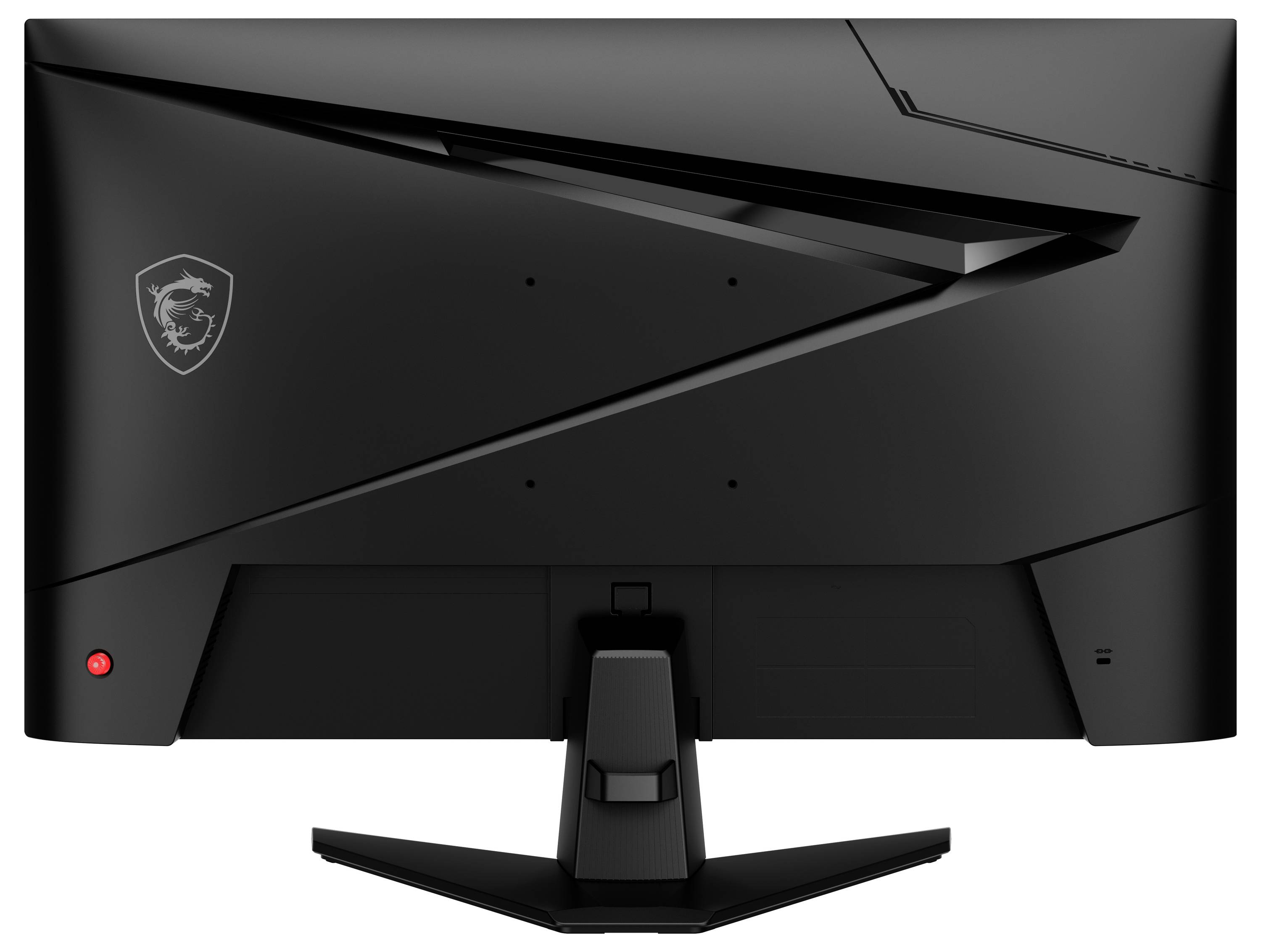 Černý počítačový monitor zobrazený zezadu se značkou na levé straně vespod a s připevněným stojánem, který má úhlový, geometrický design.