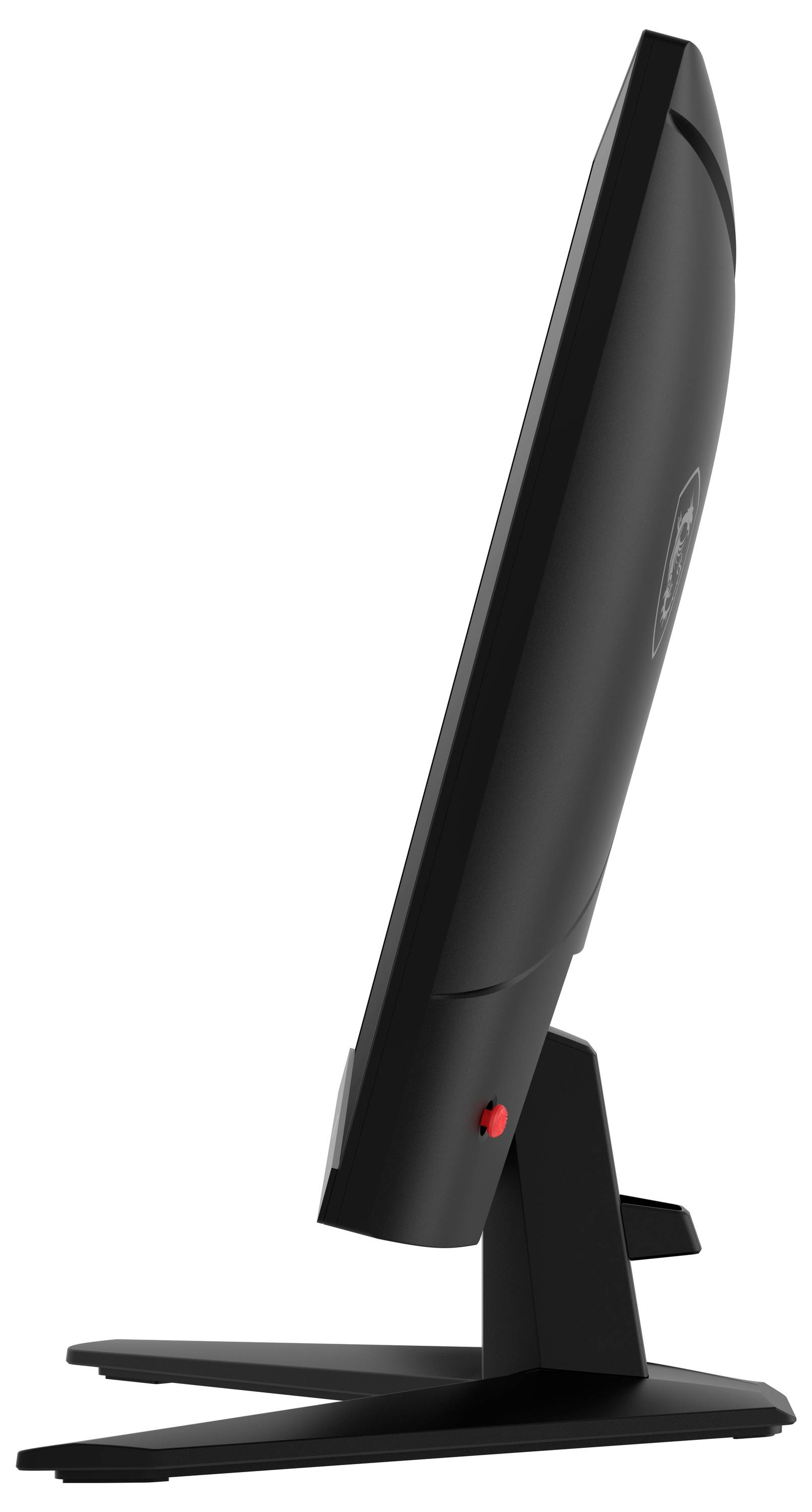 Štíhlý černý počítačový monitor, pohled ze strany, ukazující jeho elegantní, minimalistický design a solidní stojan.