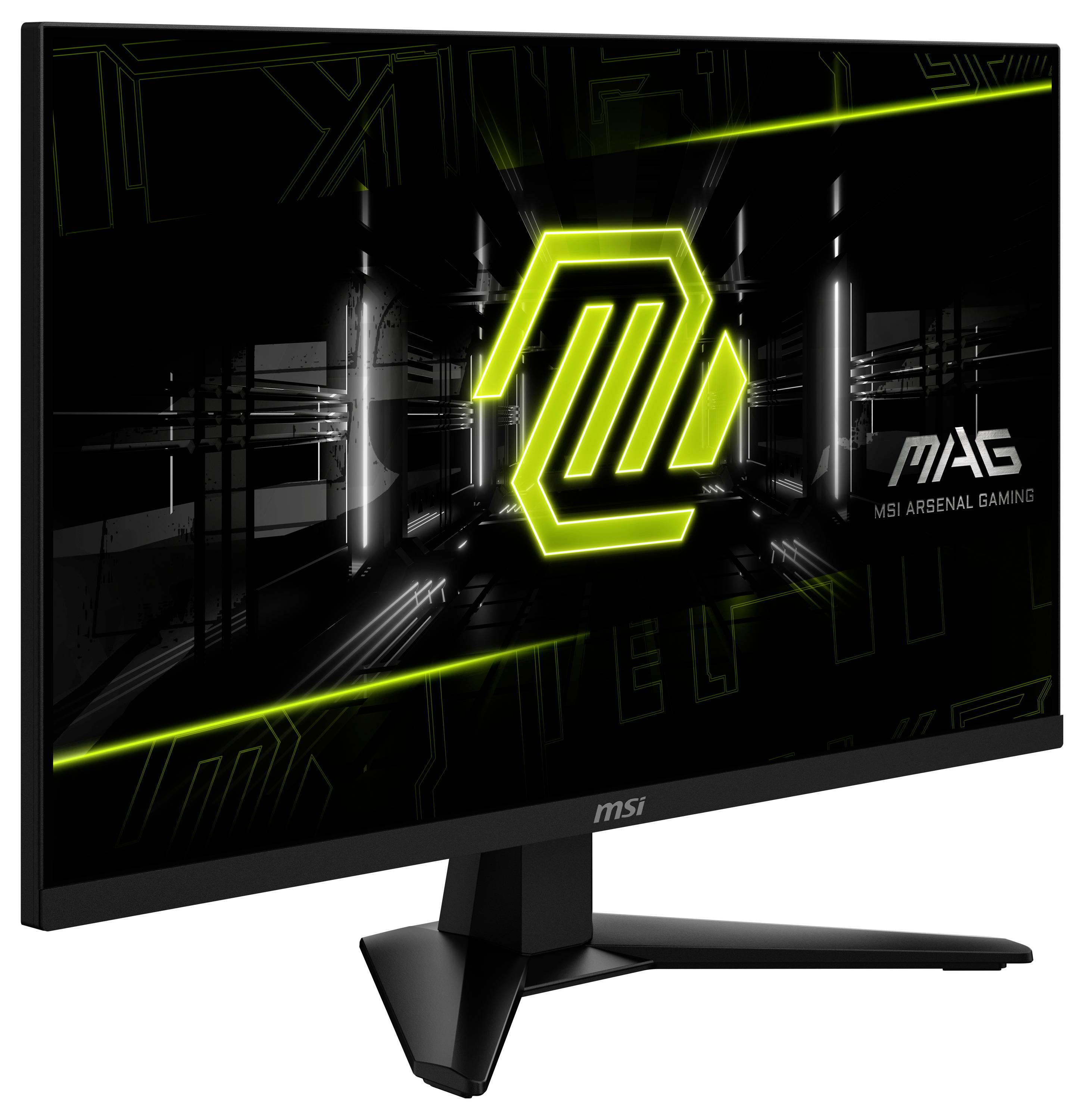 Černý herní monitor MSI zobrazující neonově zelené logo a text "MAG MSI Arsenal Gaming".