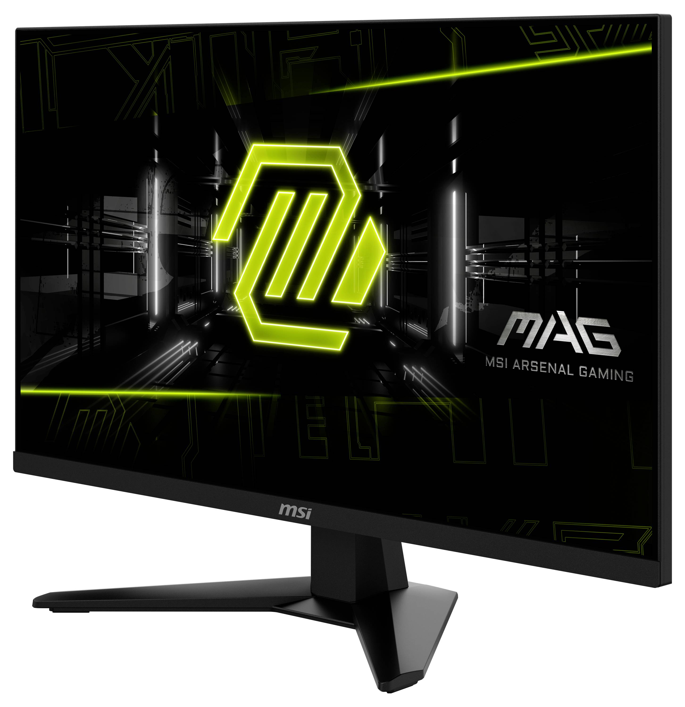 Počítačový monitor zobrazuje neonově zeleného herního loga s textem "MAG" a "MSI Arsenal Gaming" na tmavém pozadí.