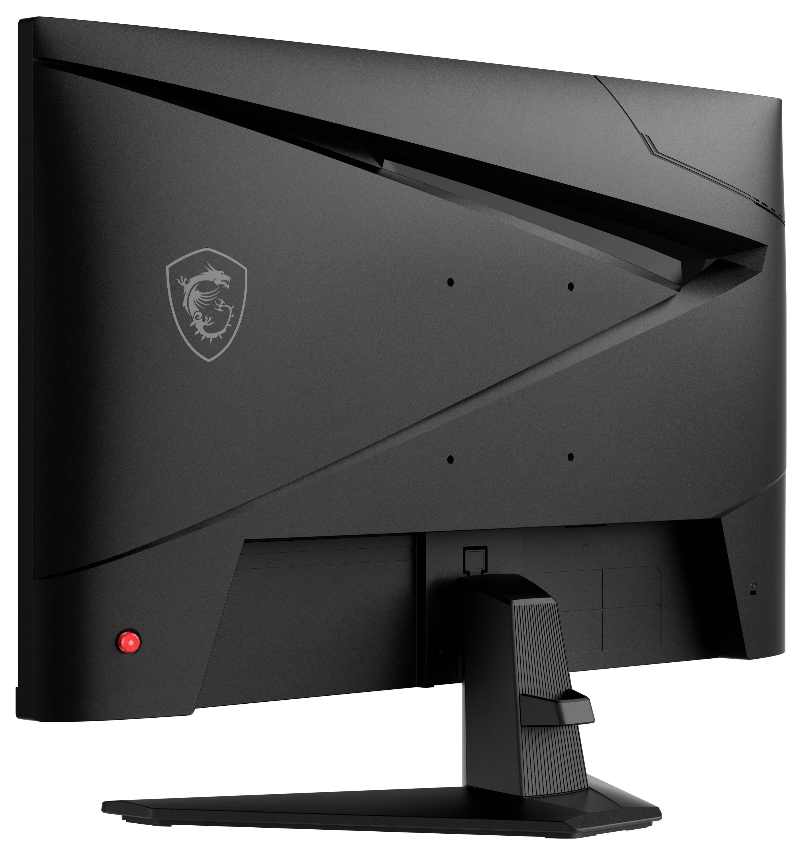Černý počítačový monitor je zobrazen zezadu s unikátním úhlovým designem a logem v levém horním rohu.