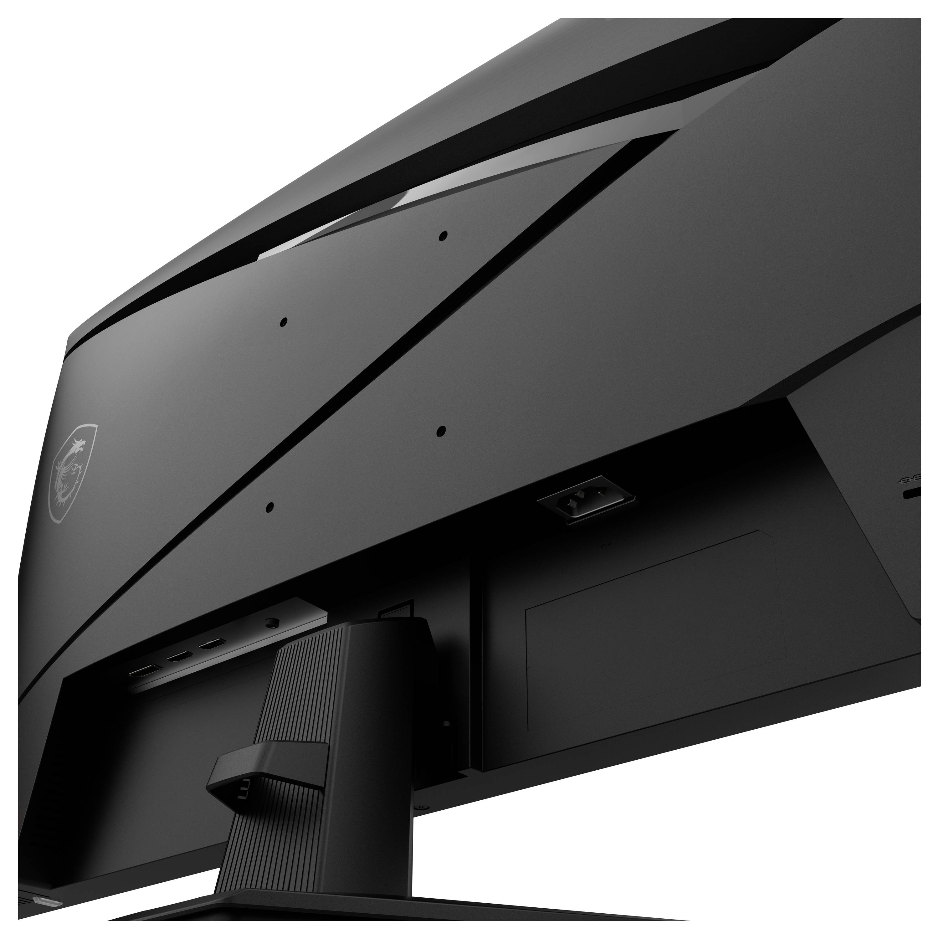 Moderní černý počítačový monitor zobrazený zezadu, představující elegantní design a montážní mechanismy bez viditelné obrazovky.