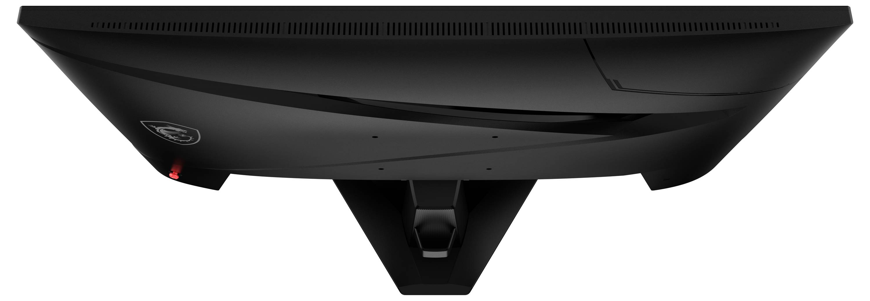 Pohled zezadu na černý počítačový monitor vykazující elegantní design s připojením středového stojanu.