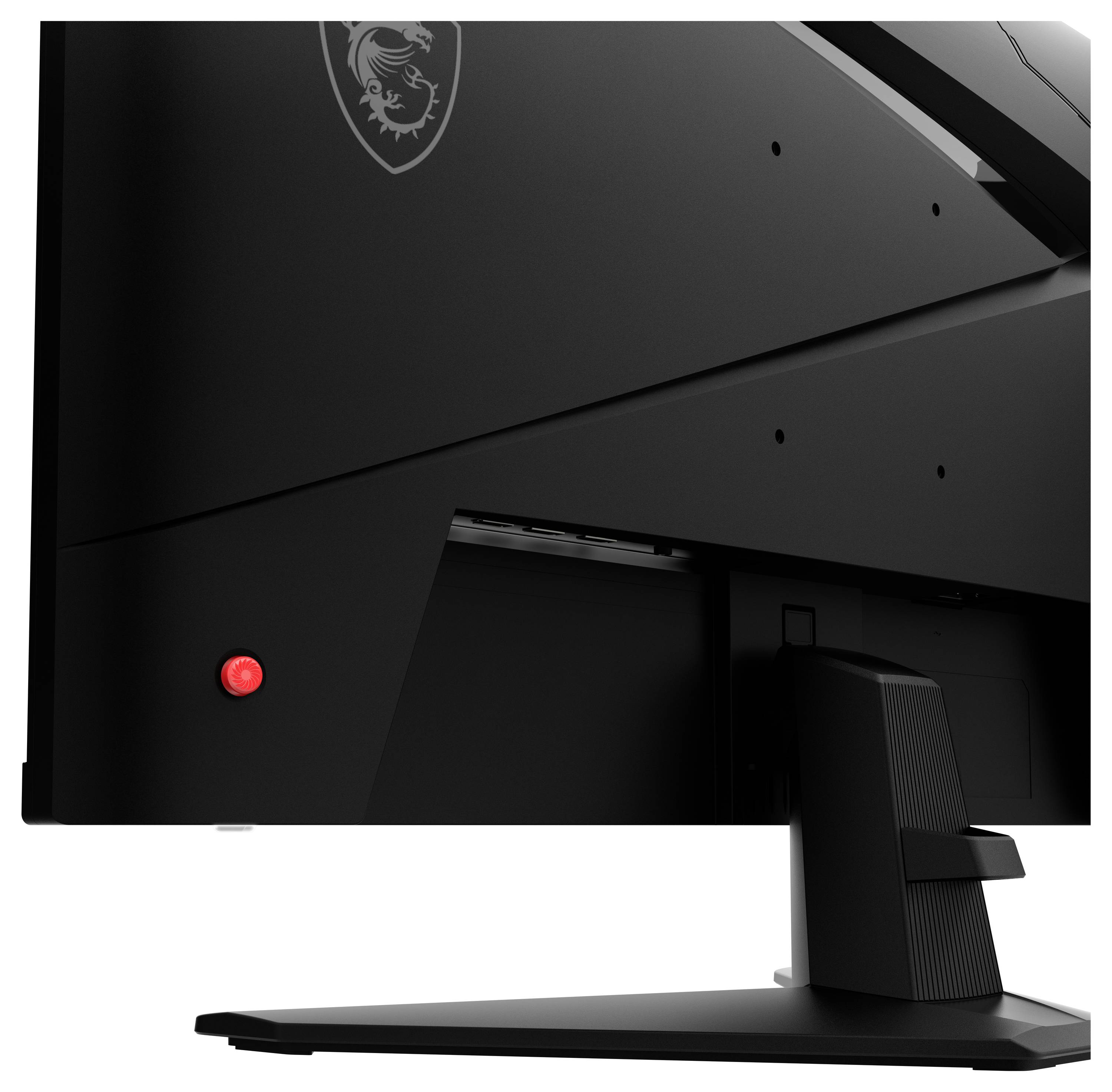 Zadní strana černého počítačového monitoru zobrazující červené tlačítko a obrys loga. Monitor je namontován na obdélníkovém podstavci.