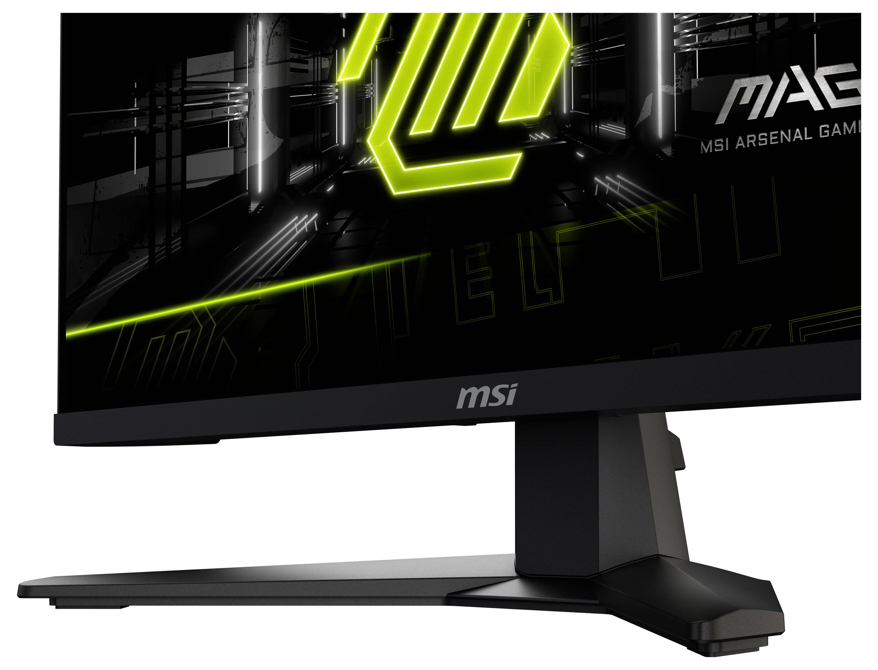 Černý herní monitor MSI se zeleným geometrickým designem na obrazovce a textem „MSI Arsenal Gaming" v rohu.