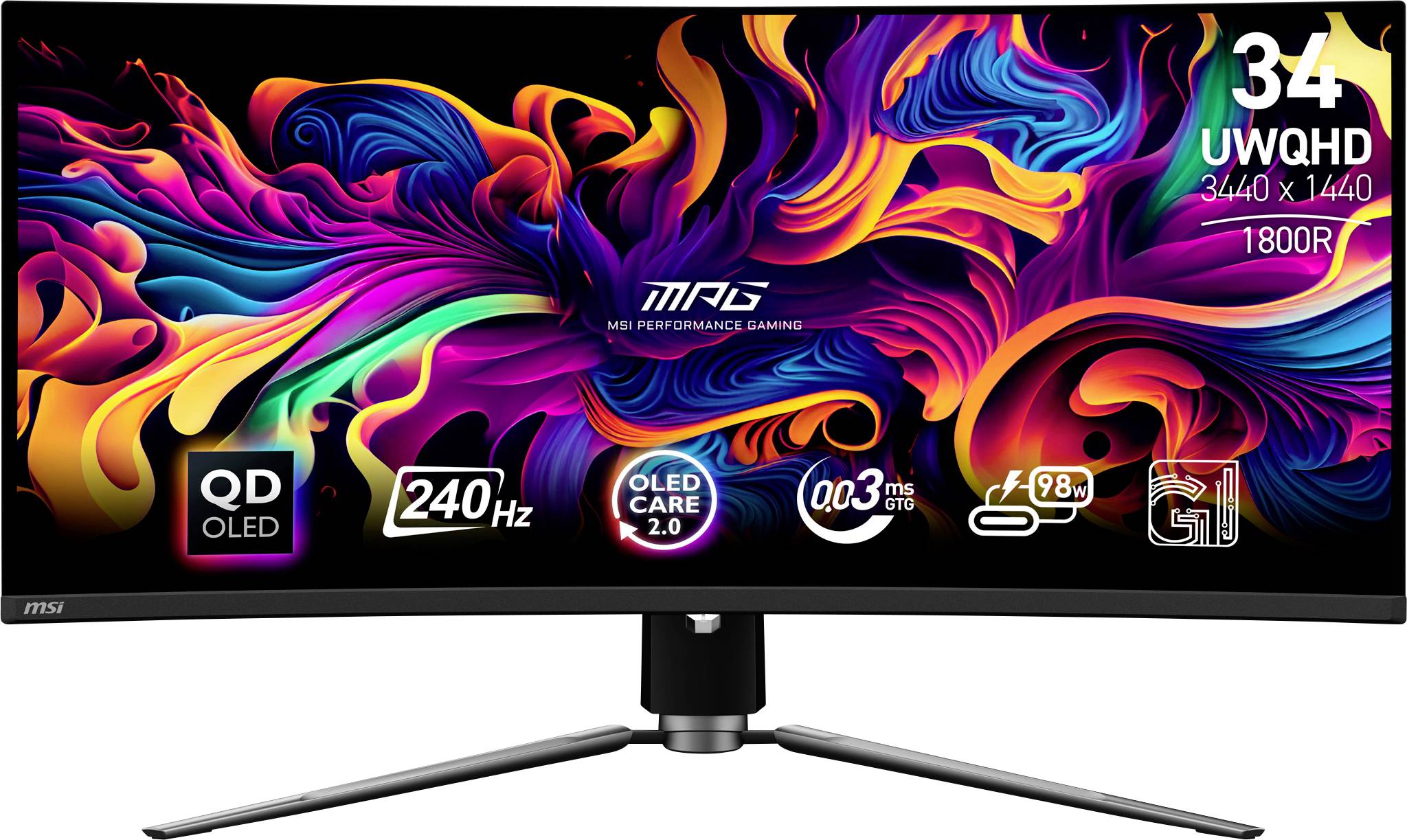Vibrantní zakřivený herní monitor zobrazující dynamické abstraktní barvy se specifikacemi: "34 UWQHD, 3440 x 1440, QD OLED, 240Hz, 0,03 ms".