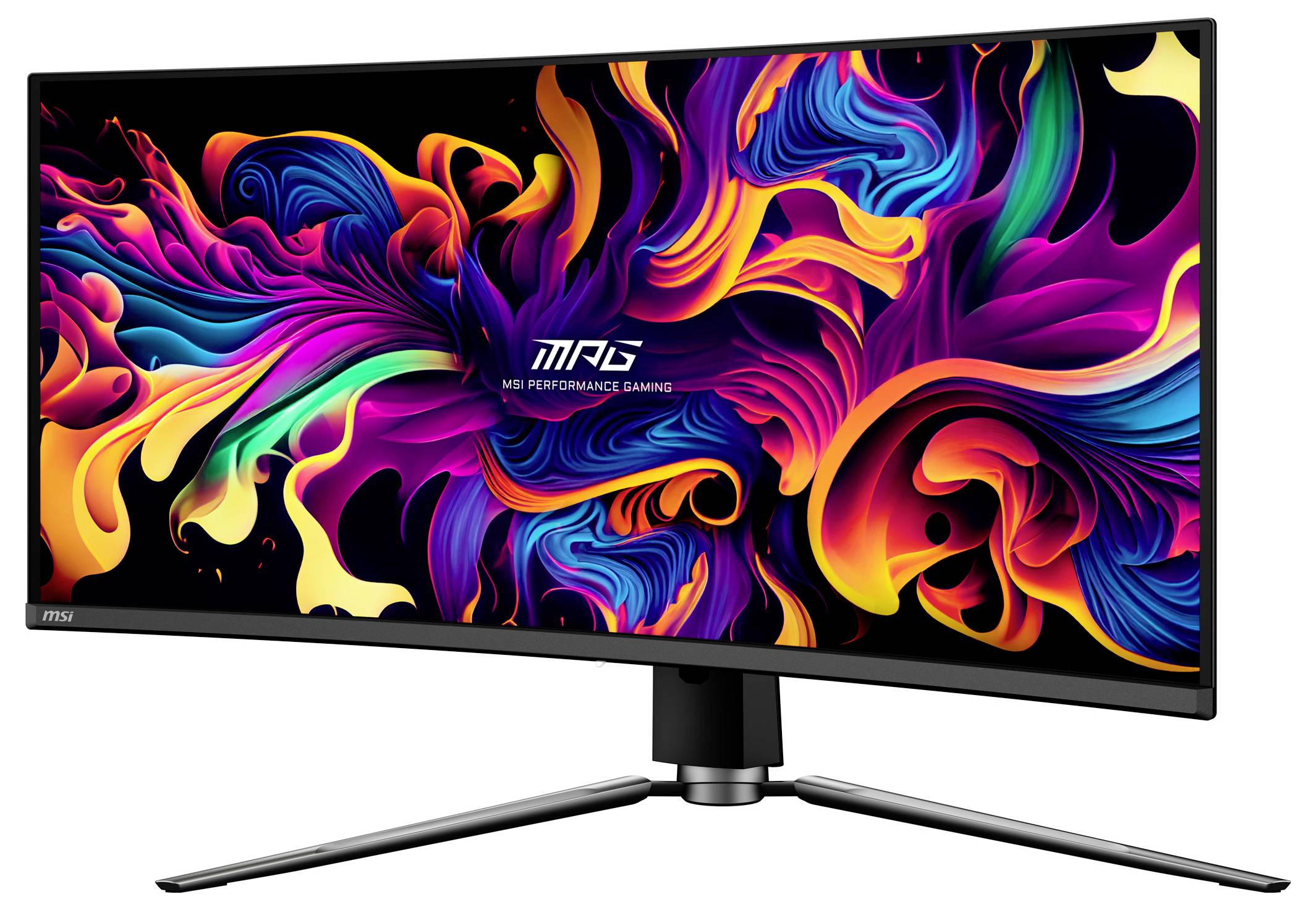 Širokouhlý herní monitor zobrazující živé, abstraktní vícebarevné víry, zdůrazňující jeho živou barevnou schopnost a elegantní design.