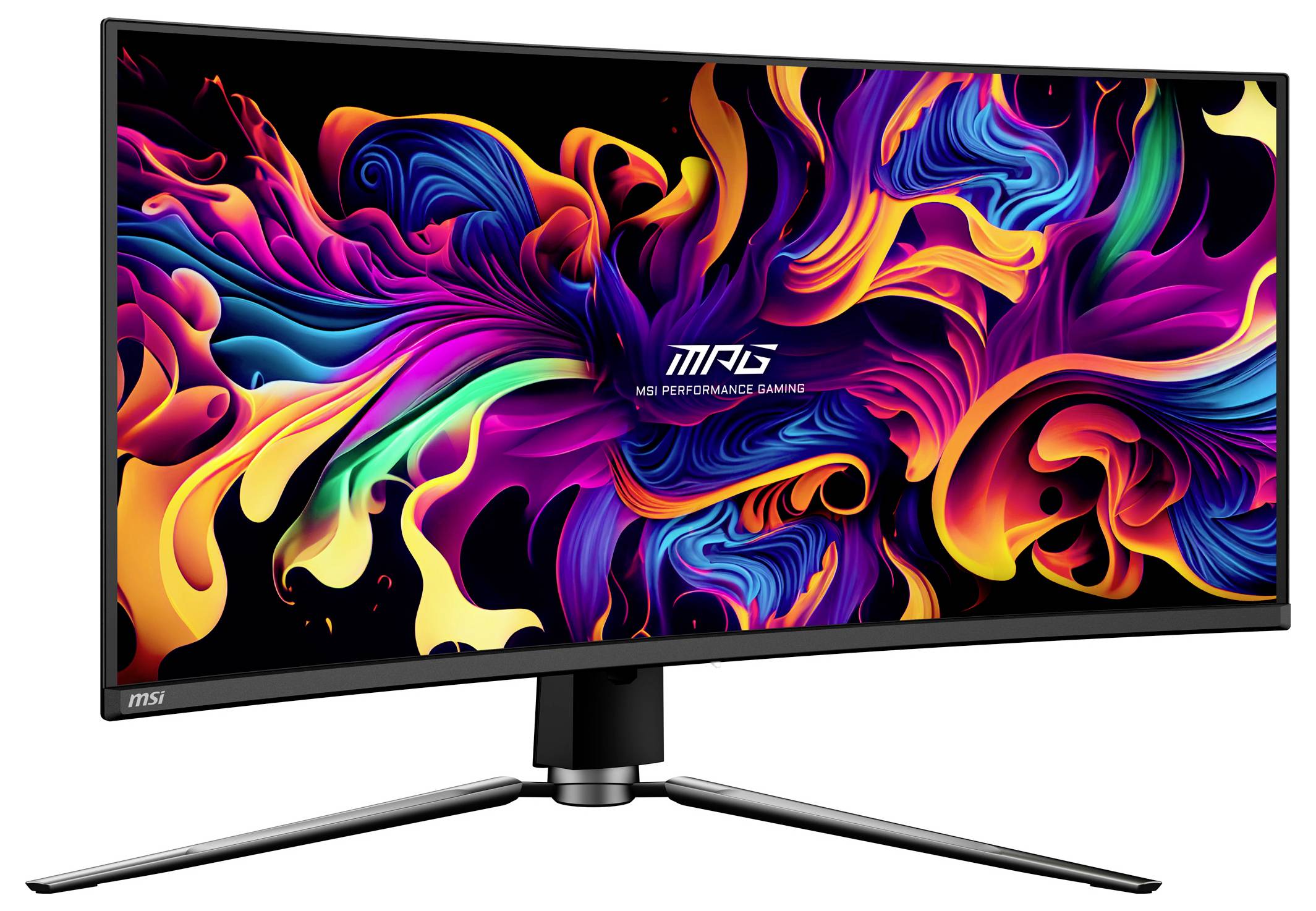 Zakřivený počítačový monitor zobrazující živý, abstraktní design se spirálovitými barvami a textem "MSI Performance Gaming".