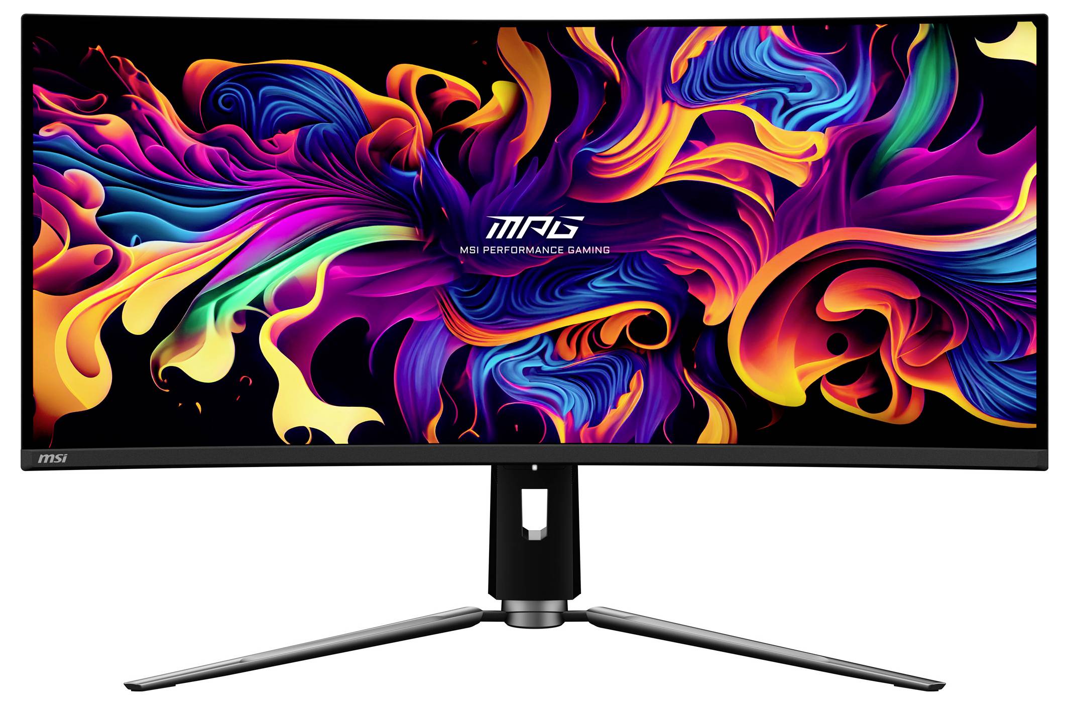 Ultraširoký monitor MSI zobrazující na displeji živou, barevnou abstraktní uměleckou tvorbu, která zdůrazňuje vysokorozlišovací výkon a zaměření na hraní her.