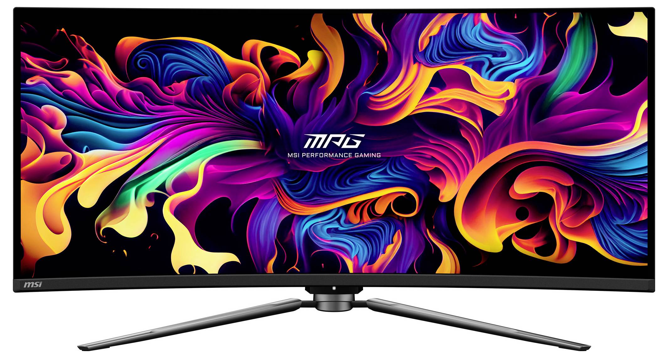 Živý, abstraktní displej na širokouhlém monitoru obsahující vířící vzory v jasných barvách, zdůrazňující „MSI Performance Gaming".