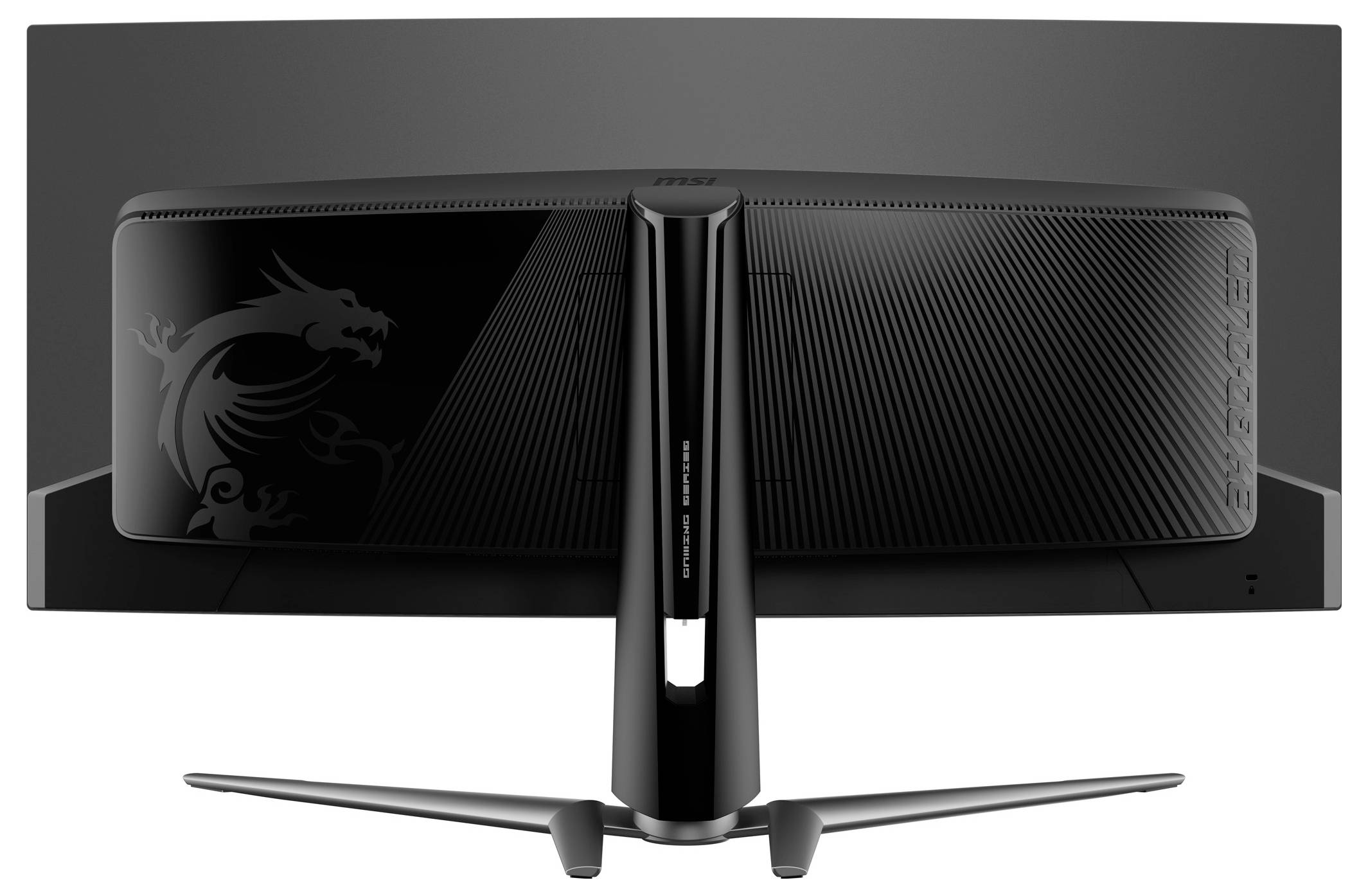 Elegantní černý ultralehký počítačový monitor viděný zezadu, s dračím logem na straně a centrálním stojanem.