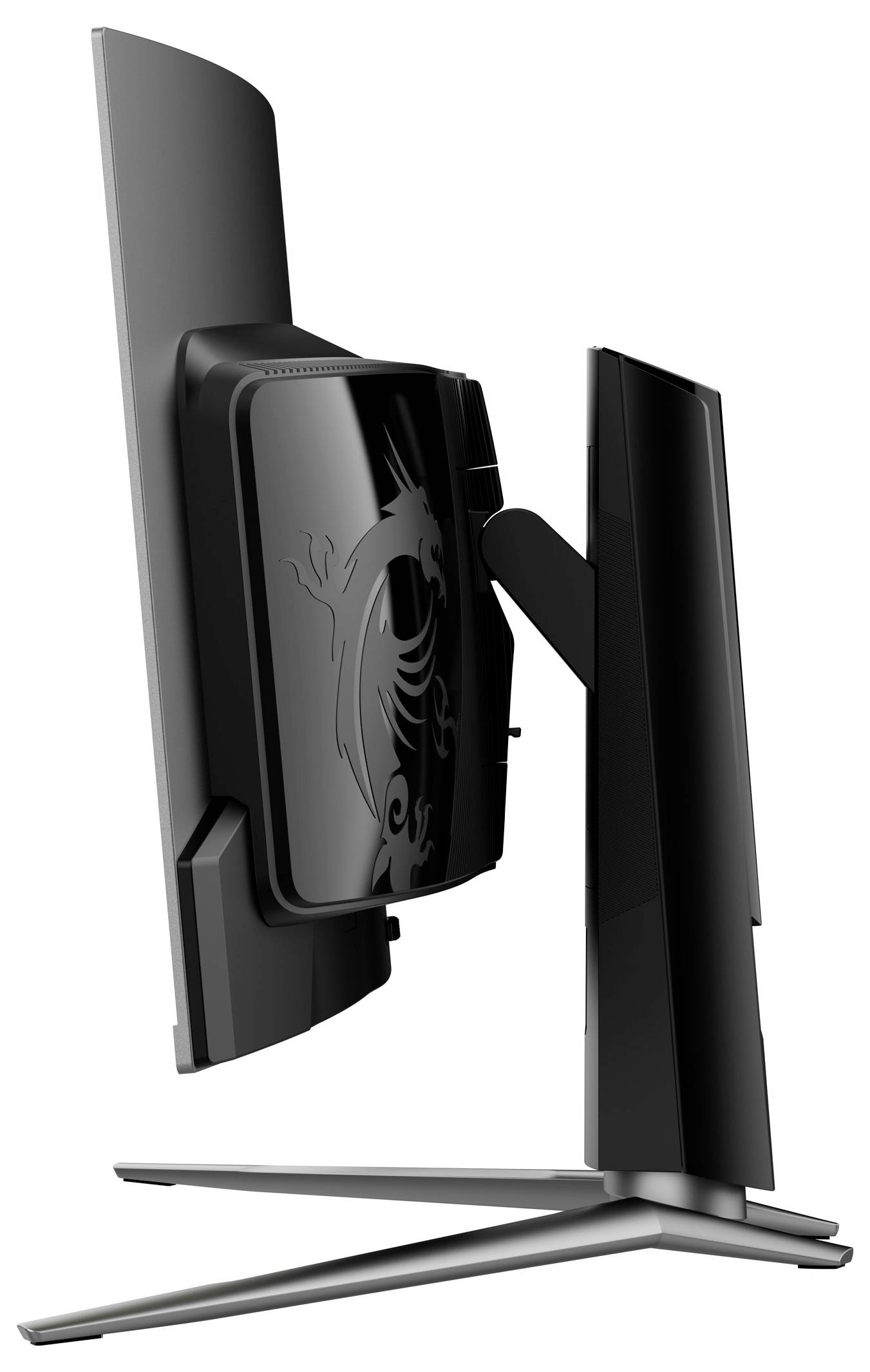 Elegantní černý počítačový monitor s dračím emblémem na zadní straně, fotografovaný z boku, který zdůrazňuje jeho moderní a minimalistický design stojanu.