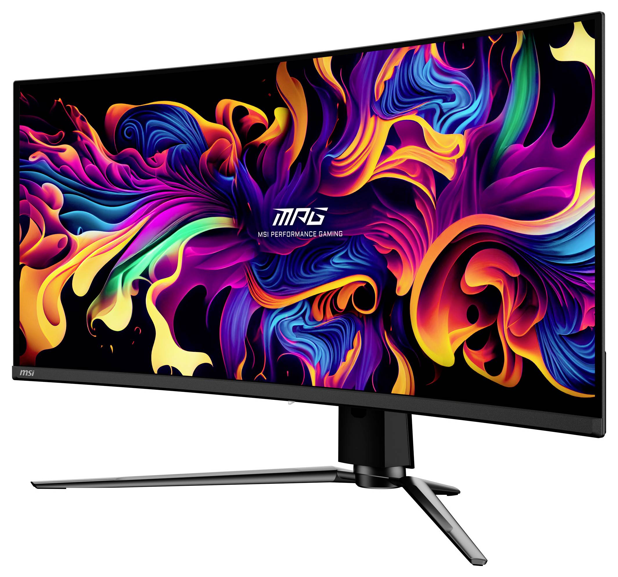 Zakřivený herní monitor zobrazující na obrazovce vibrantní, abstraktní víříící barvy s textem "MSI Performance Gaming" uprostřed.