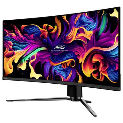 Zakřivený herní monitor zobrazující na obrazovce vibrantní, abstraktní víříící barvy s textem "MSI Performance Gaming" uprostřed.